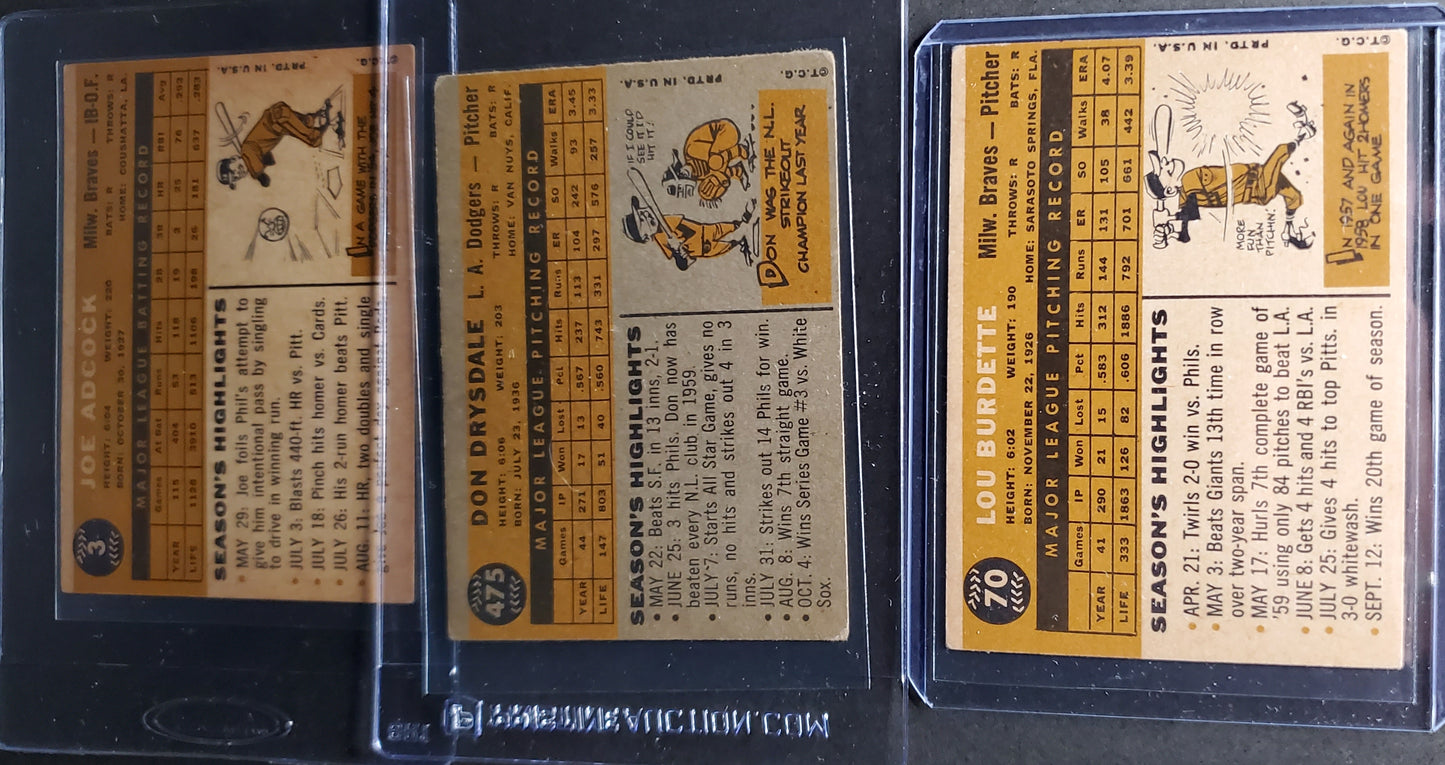 Set of Three (3) 1960 Topps Don Drysdale / Burdette / Adcock GREAT CONDITION!!!