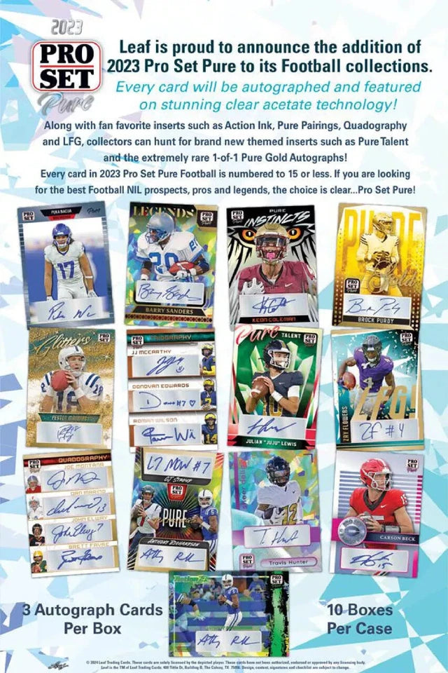 2023 Pro Set Pure Football Factory Sealed Hobby Box 3 Acetate Auto's Per Box