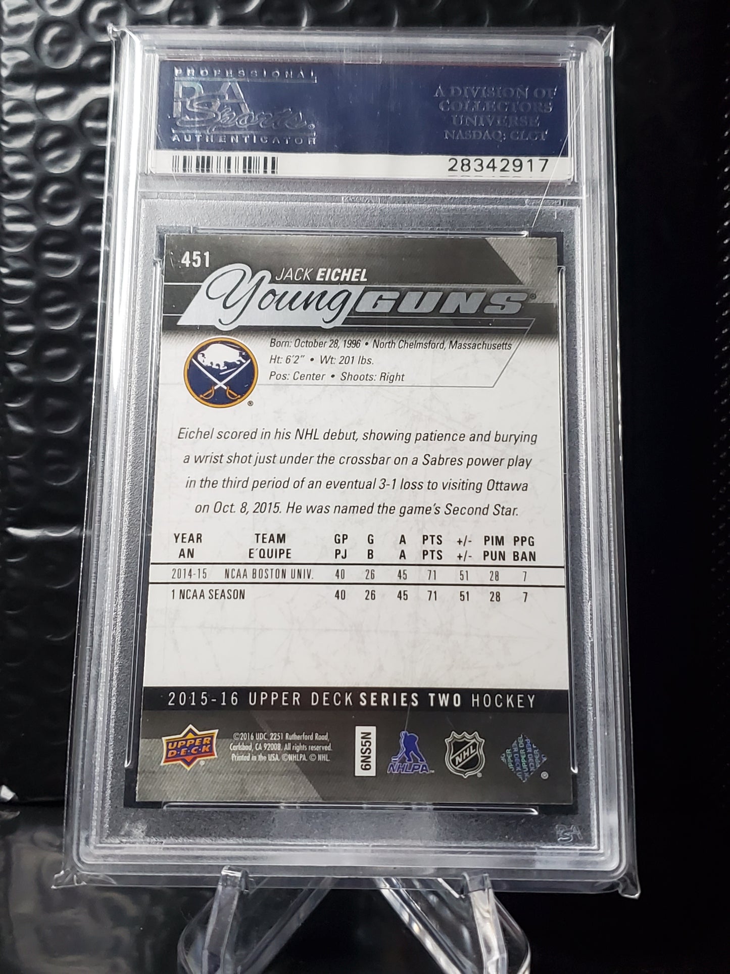2015-16 Upper Deck JACK EICHEL Young Guns Rookie YG RC #451 PSA 10 GEM MINT