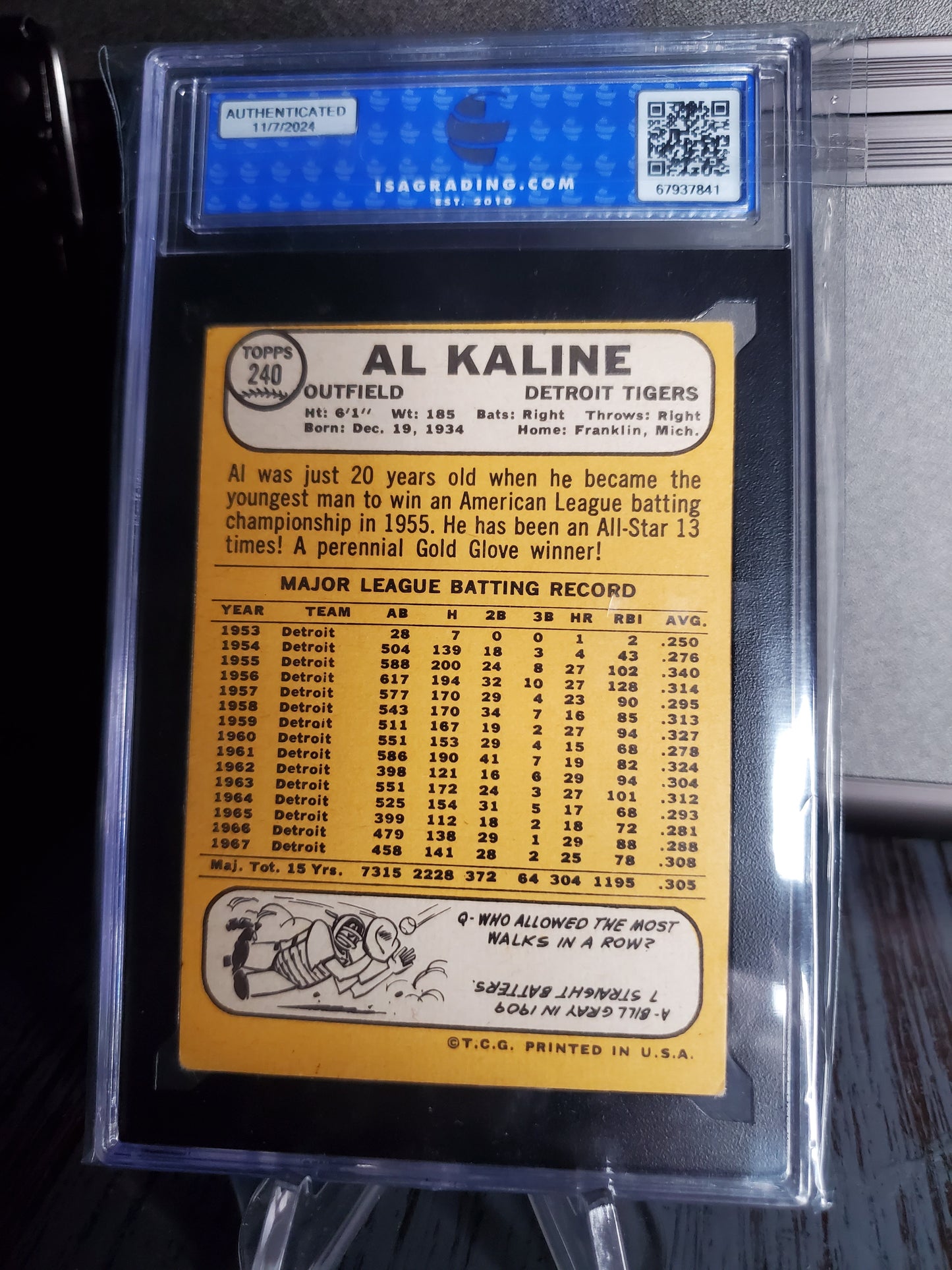 1968 Topps - Al Kaline #240 ISA 3 VG Tigers HoF