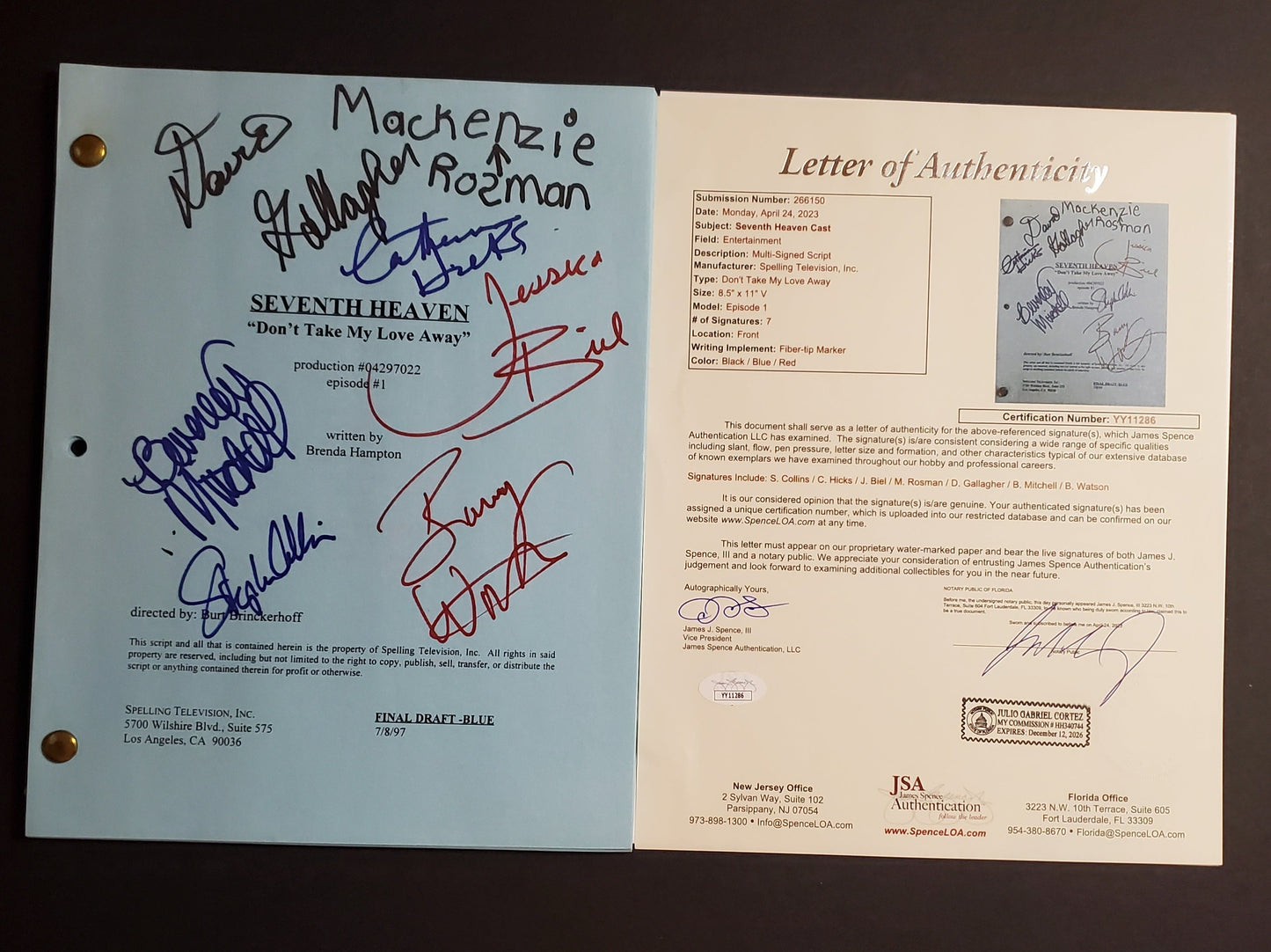 "7th Heaven" TV Script Cast-Signed by (6) with Jessica Biel, David Gallagher, Beverley Mitchell (JSA)