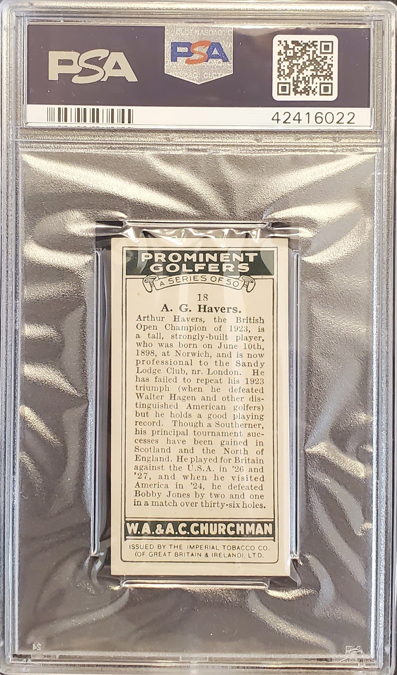 Arthur Havers 1931 Churchman Prominent Golfers Small #18 PSA 6.5