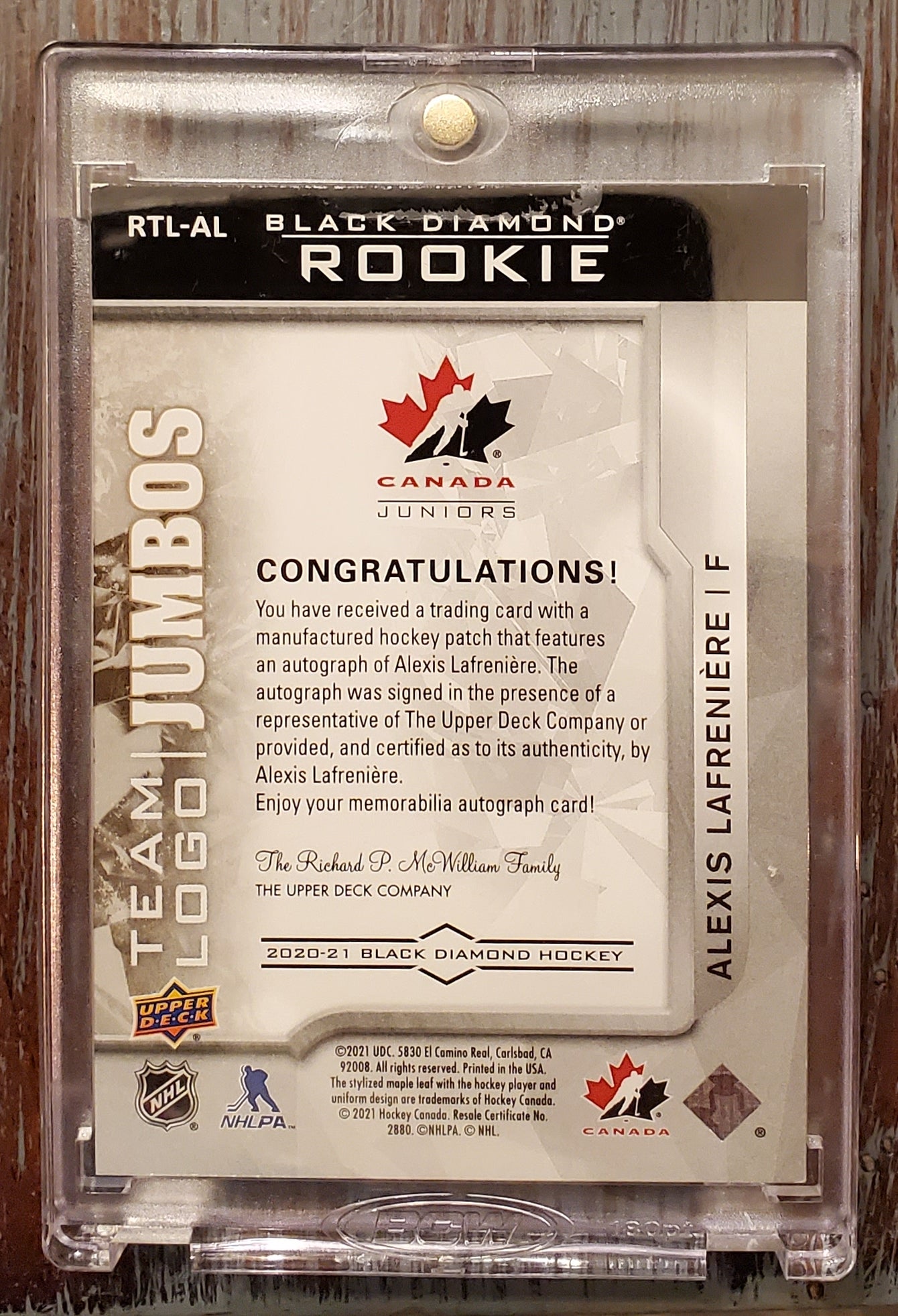 Alexis Lafreniere 2020-21 Black Diamond Rookie - Jumbos AUTO /99 Team Canada