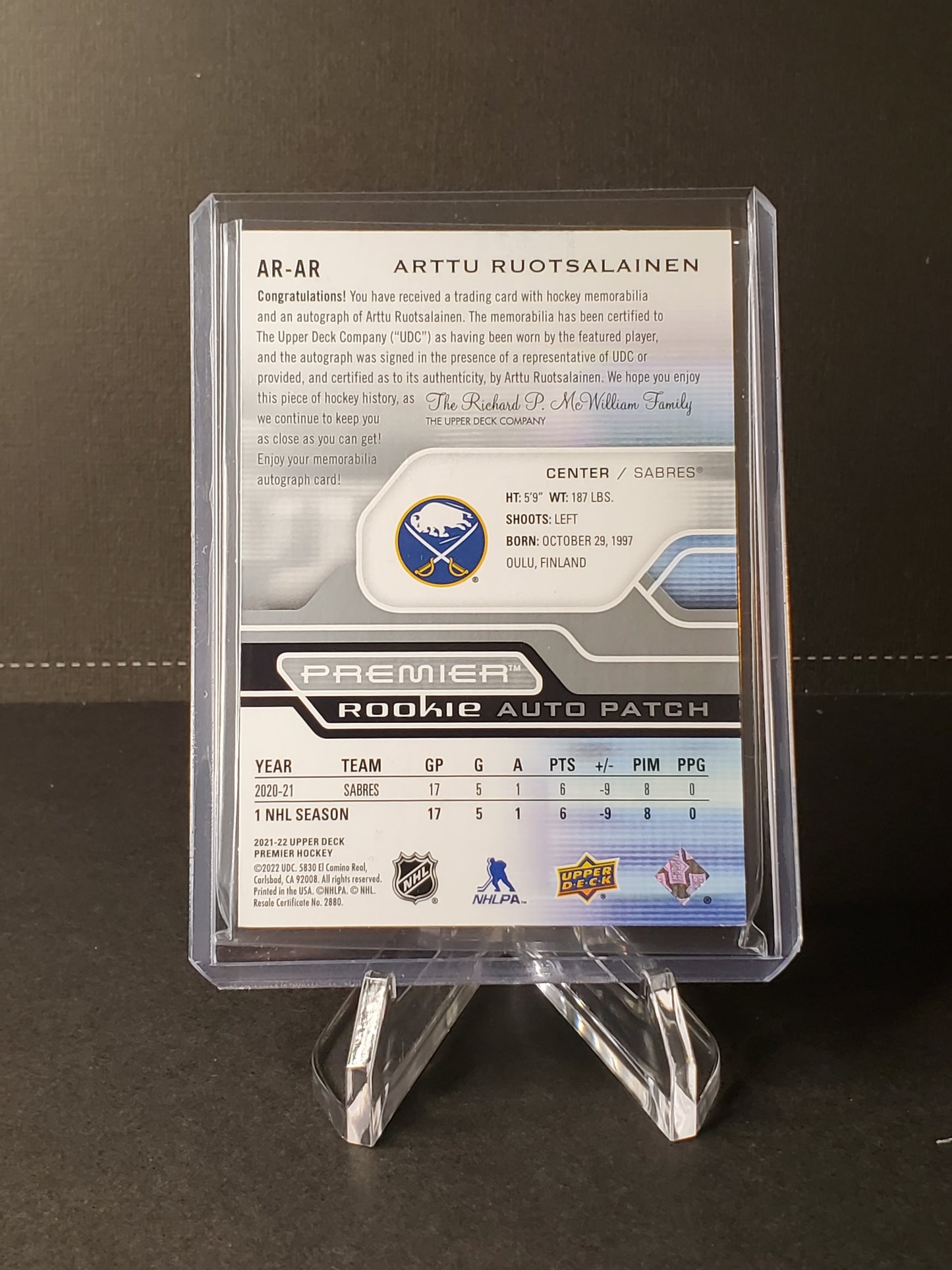 Arttu Ruotsalainen 2021-22 Upper Deck Premier RPA Rookie Patch AUTO /249 #AR-AR