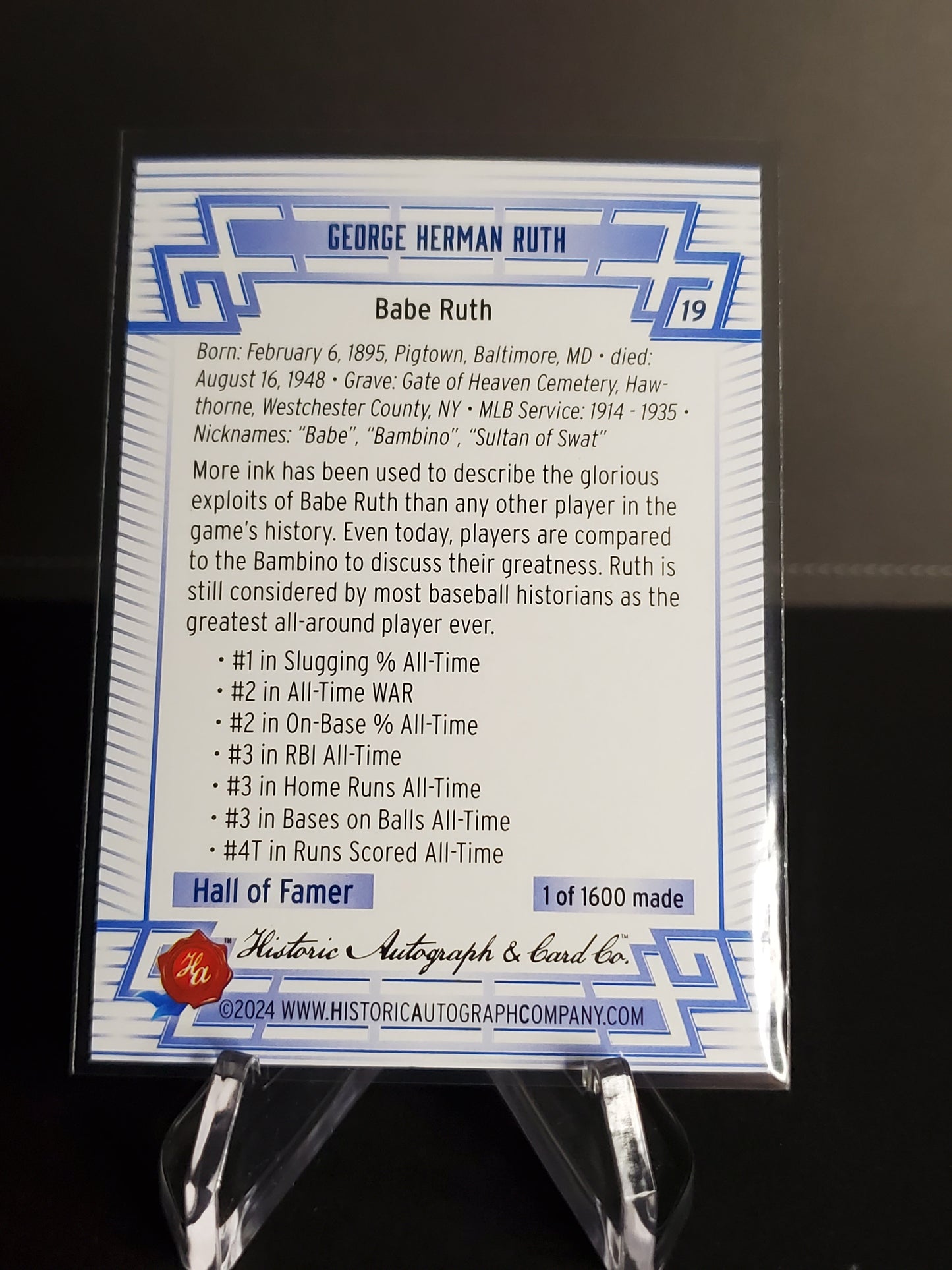 Babe Ruth 2024 Historic Autographs All Time Greats Tier 1 /1600 #19