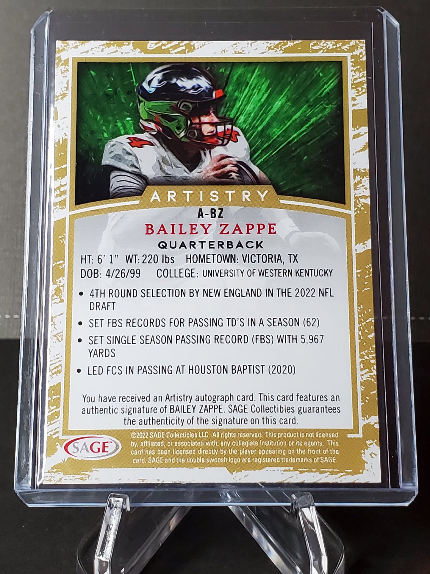 Bailey Zappe 2022 Sage Artistry AUTO #A-GB