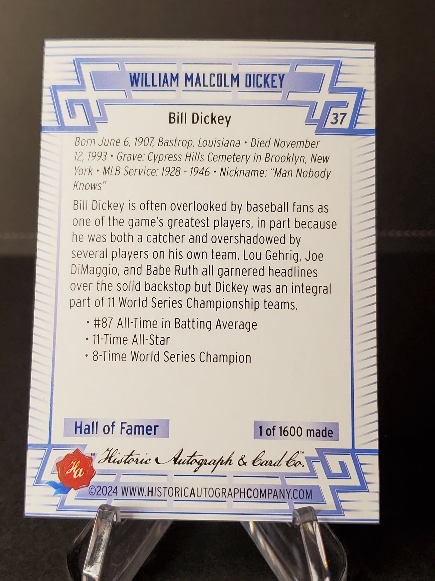 Bill Dickey 2024 Historic Autographs All Time Greats Tier 1 /1600 #37