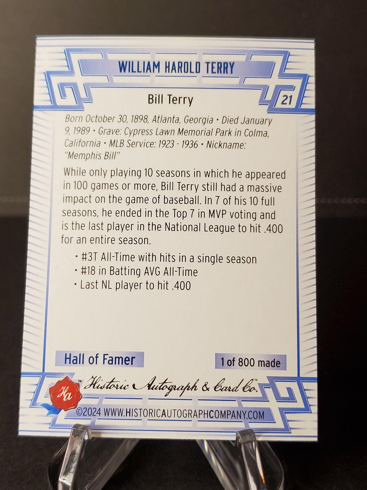 Bill Terry 2024 Historic Autographs All Time Greats Tier 2 /800 #21
