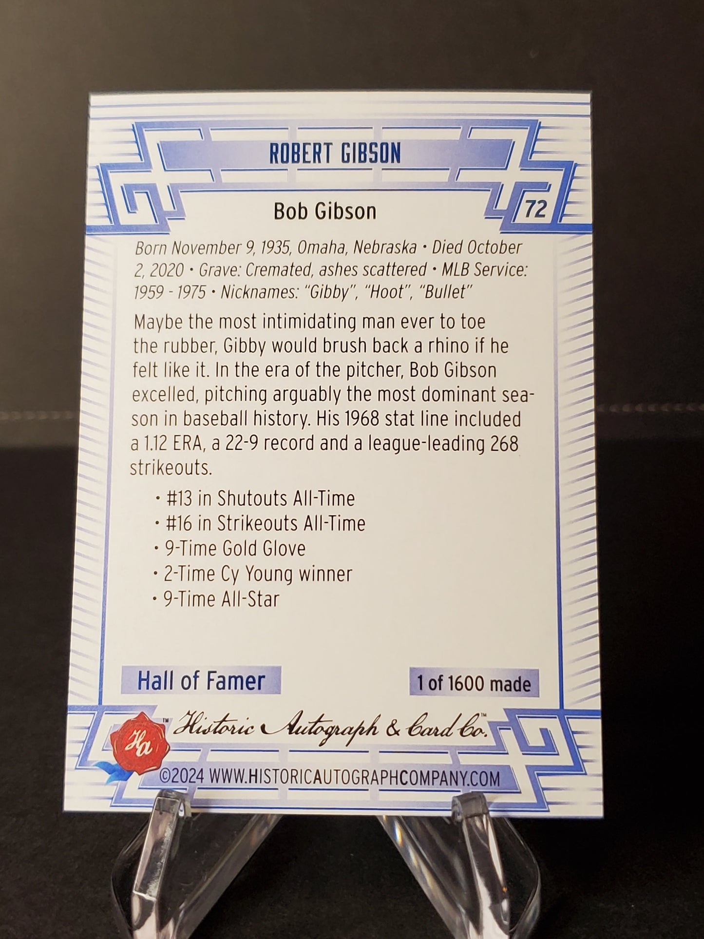 Bob Gibson 2024 Historic Autographs All Time Greats Tier 1 /1600 #72