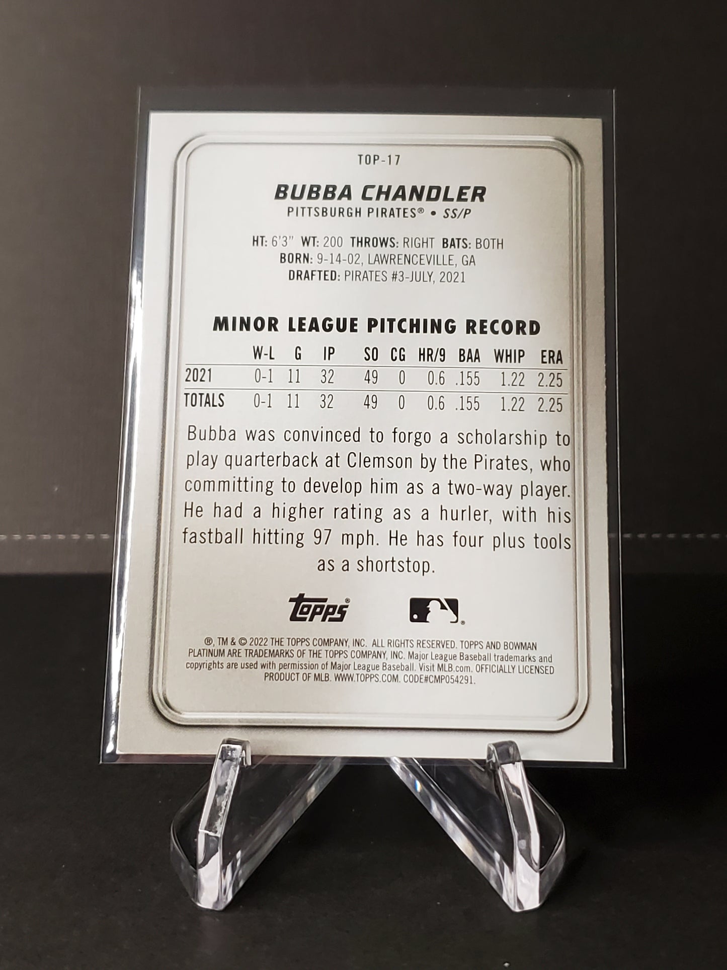 Bubba Chandler 2022 Bowman Platinum Top Prospects Ice Foil #TOP-17
