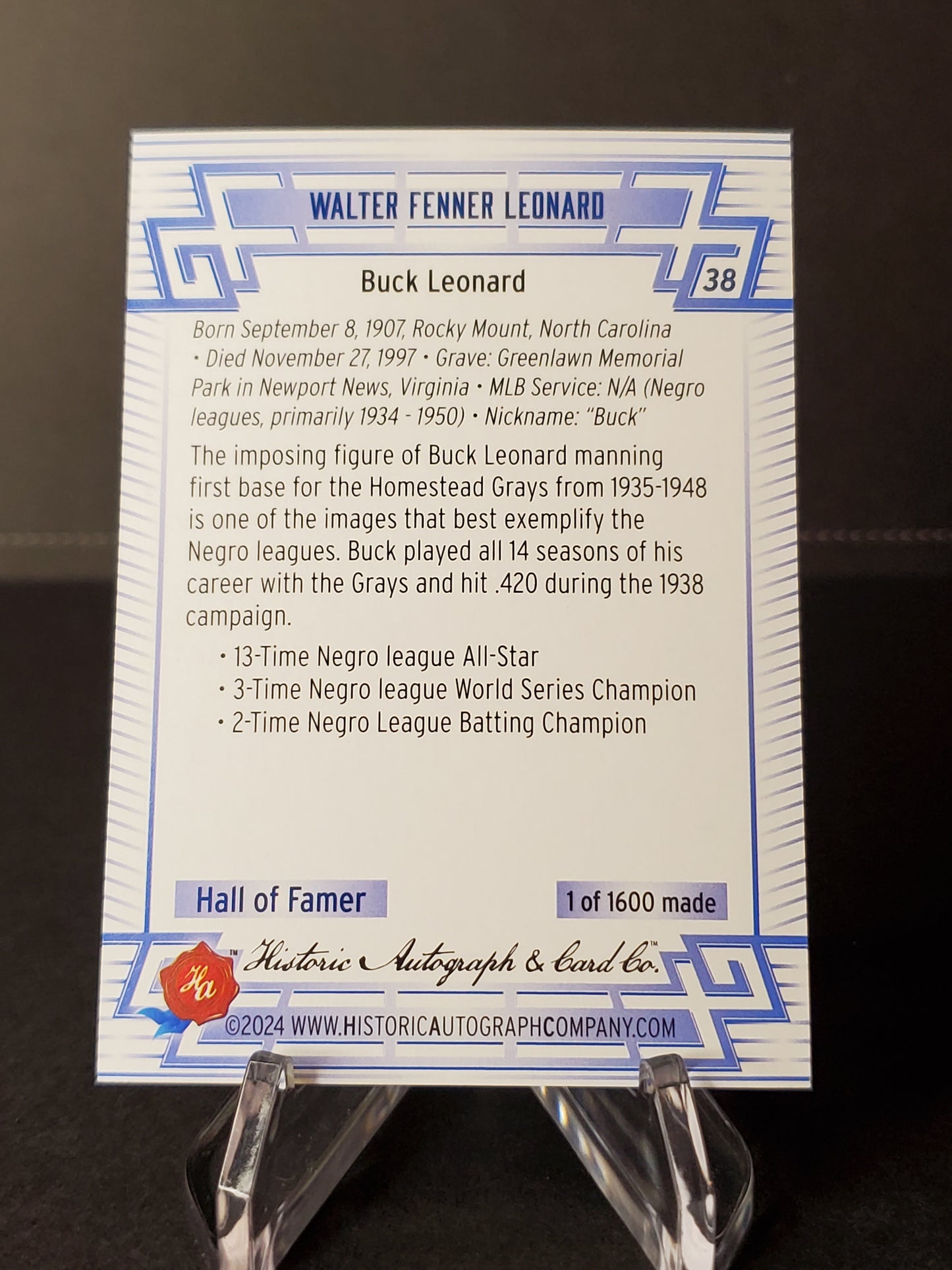 Buck Leonard 2024 Historic Autographs All Time Greats Tier 1 /1600 #38