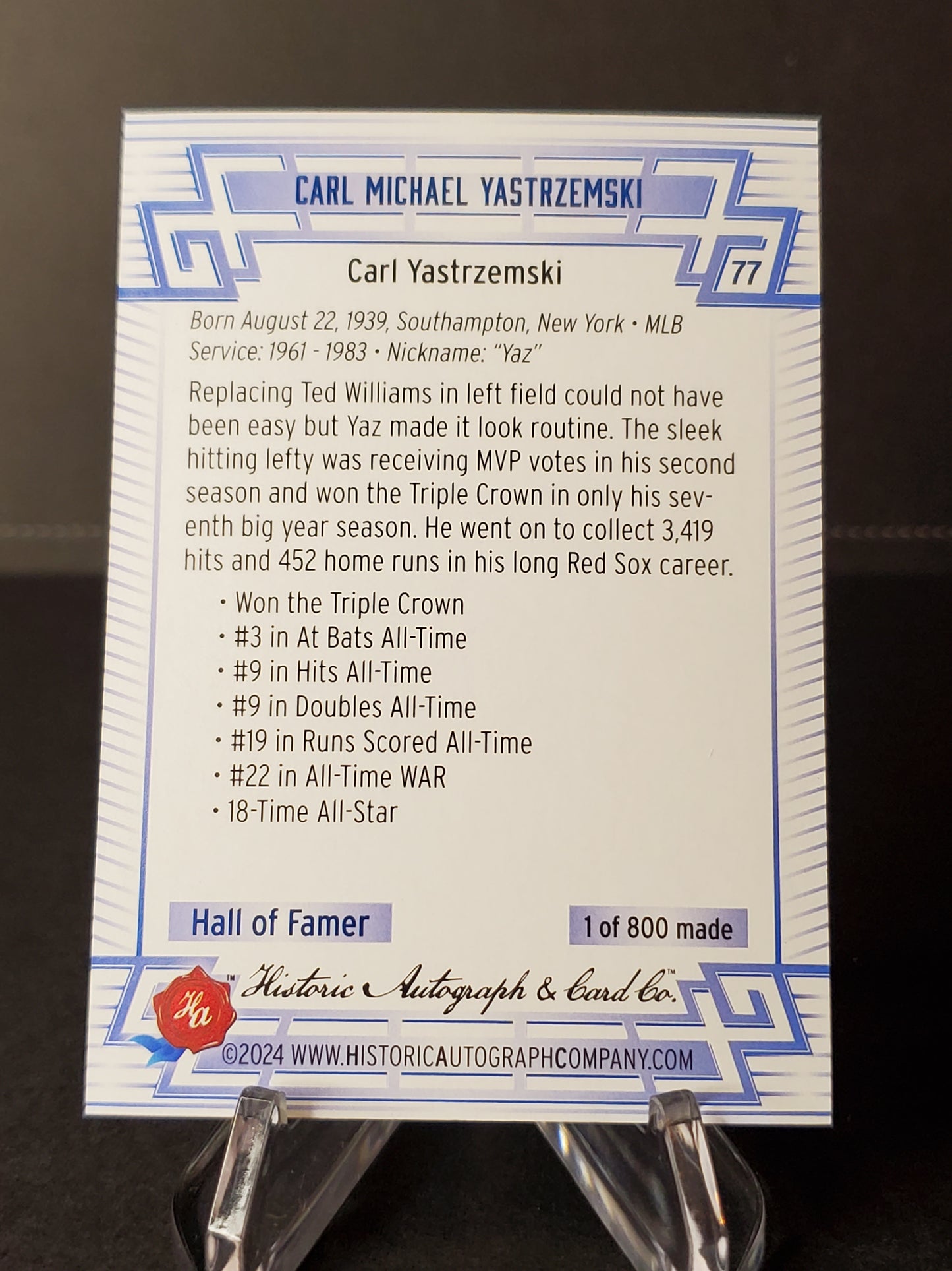 Carl Yastrzemski 2024 Historic Autographs All Time Greats Tier 2 /800 #77