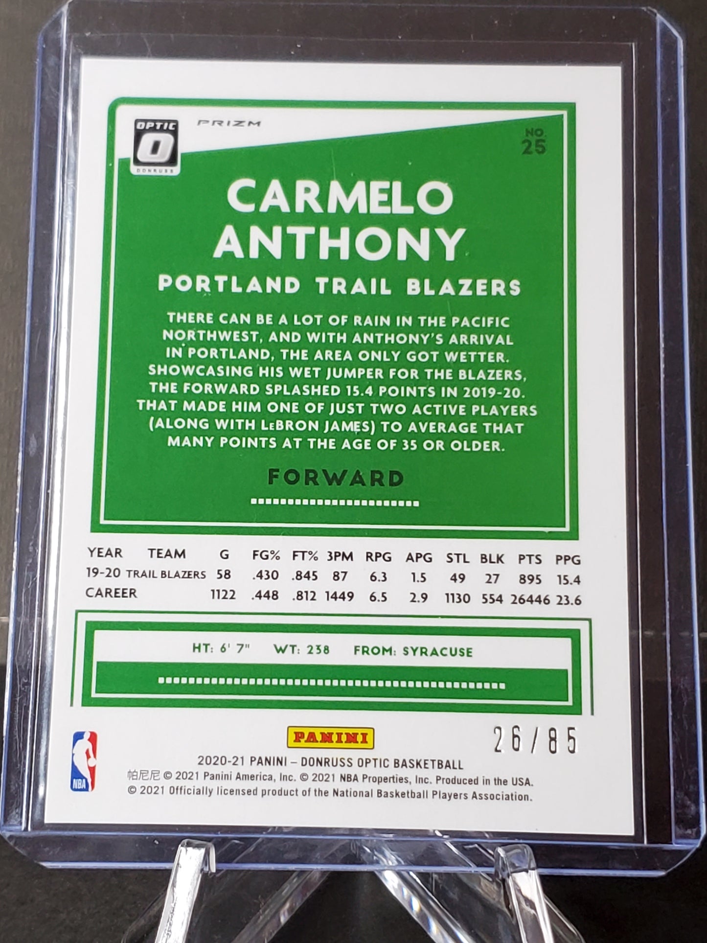 Carmelo Anthony - 2020 Panini Donruss Optic Red Fast Break Prizm #25: /85