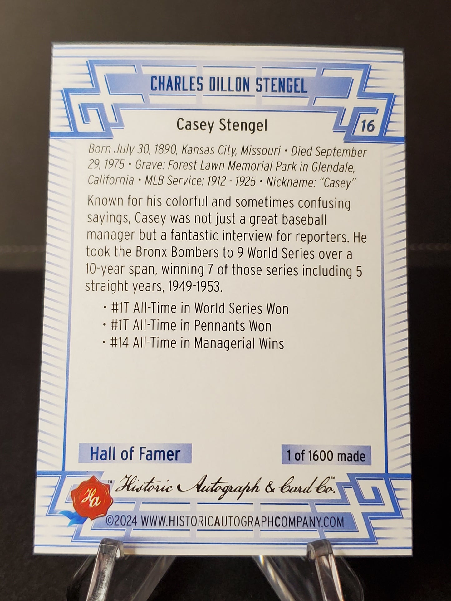 Casey Stengel 2024 Historic Autographs All Time Greats Tier 1 /1600 #16