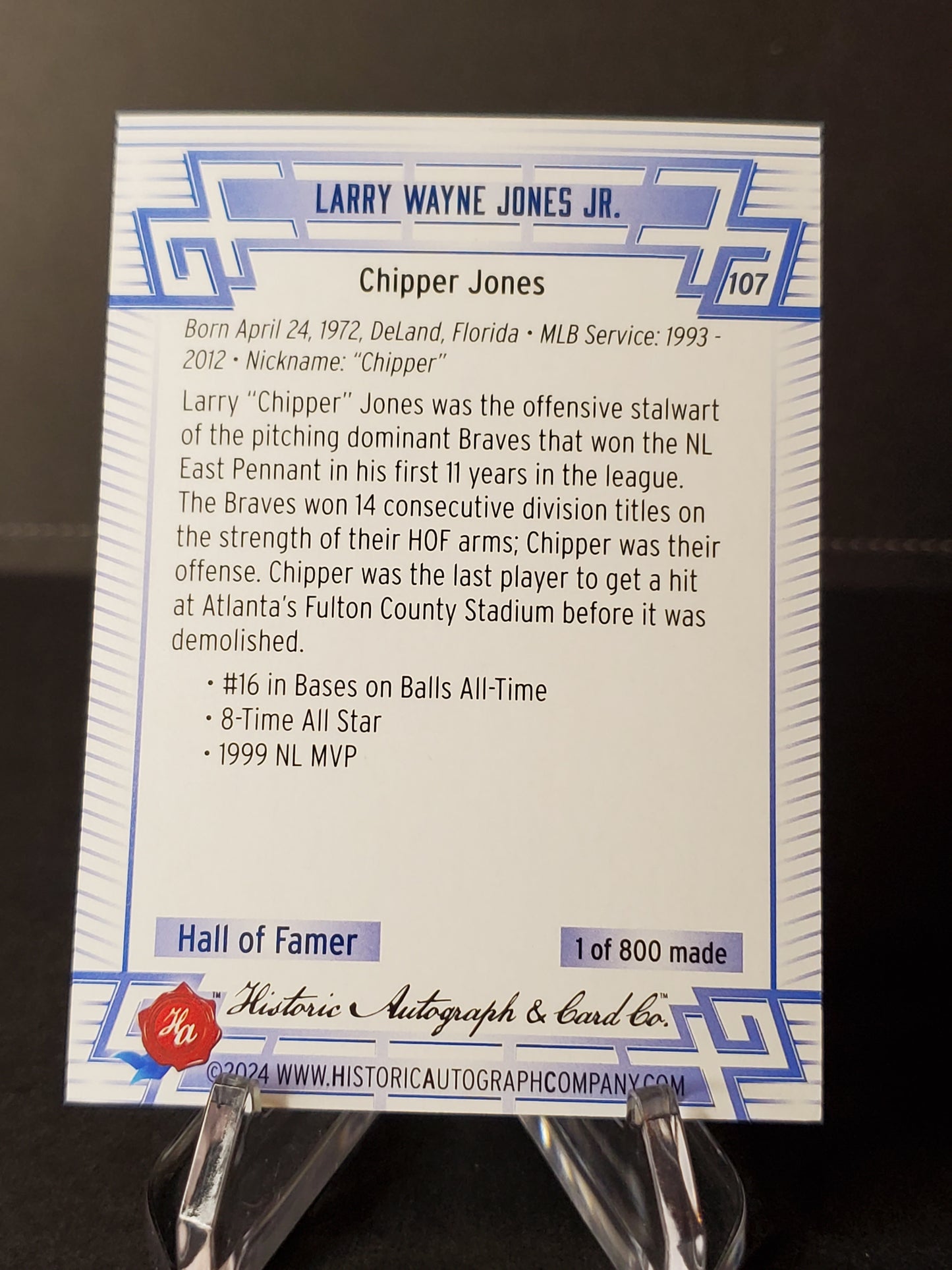 Chipper Jones 2024 Historic Autographs All Time Greats Tier 2 /800 #107