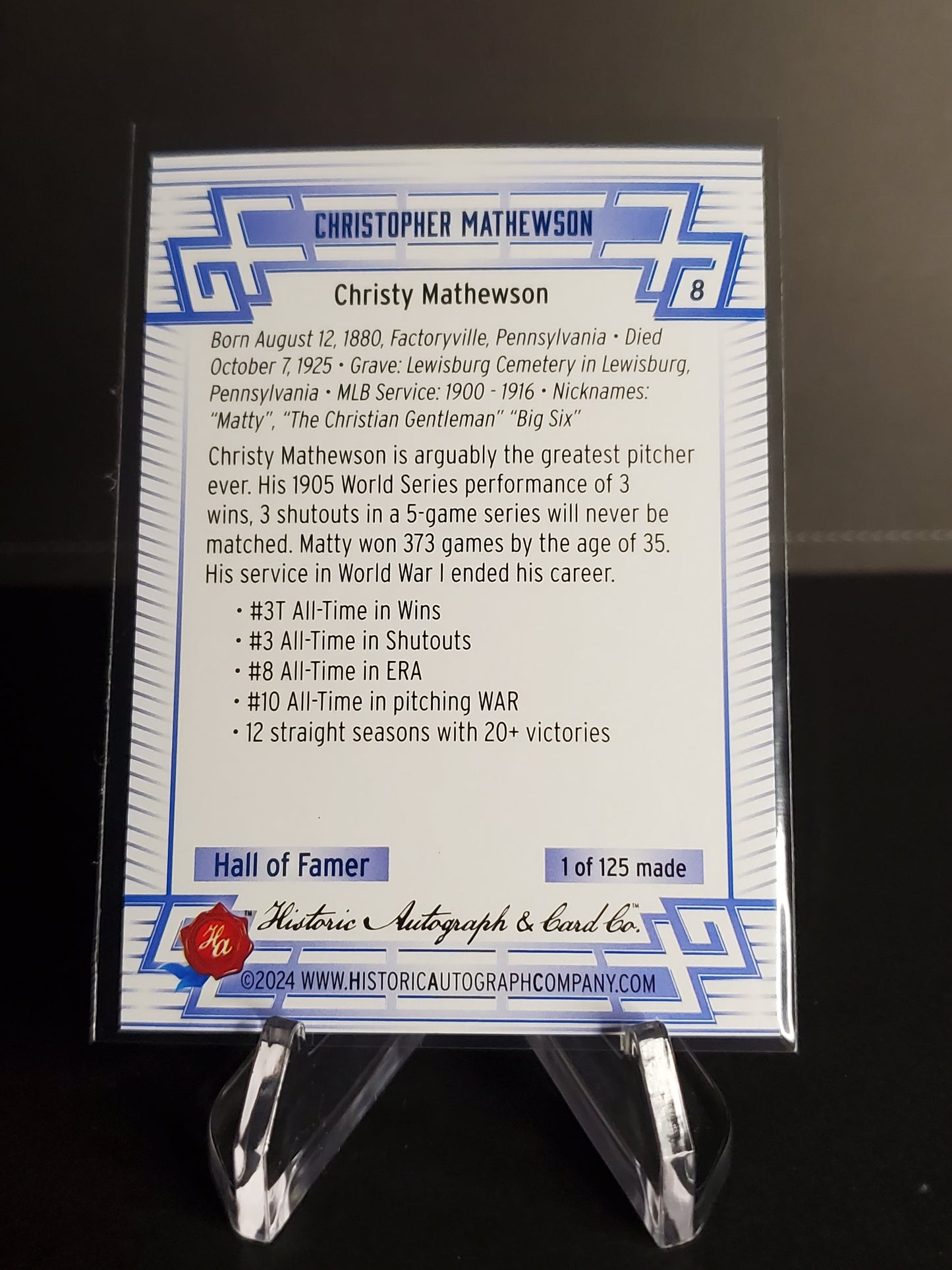 Christy Mathewson 2024 Historic Autographs All Time Greats Tier 6 /125 #8