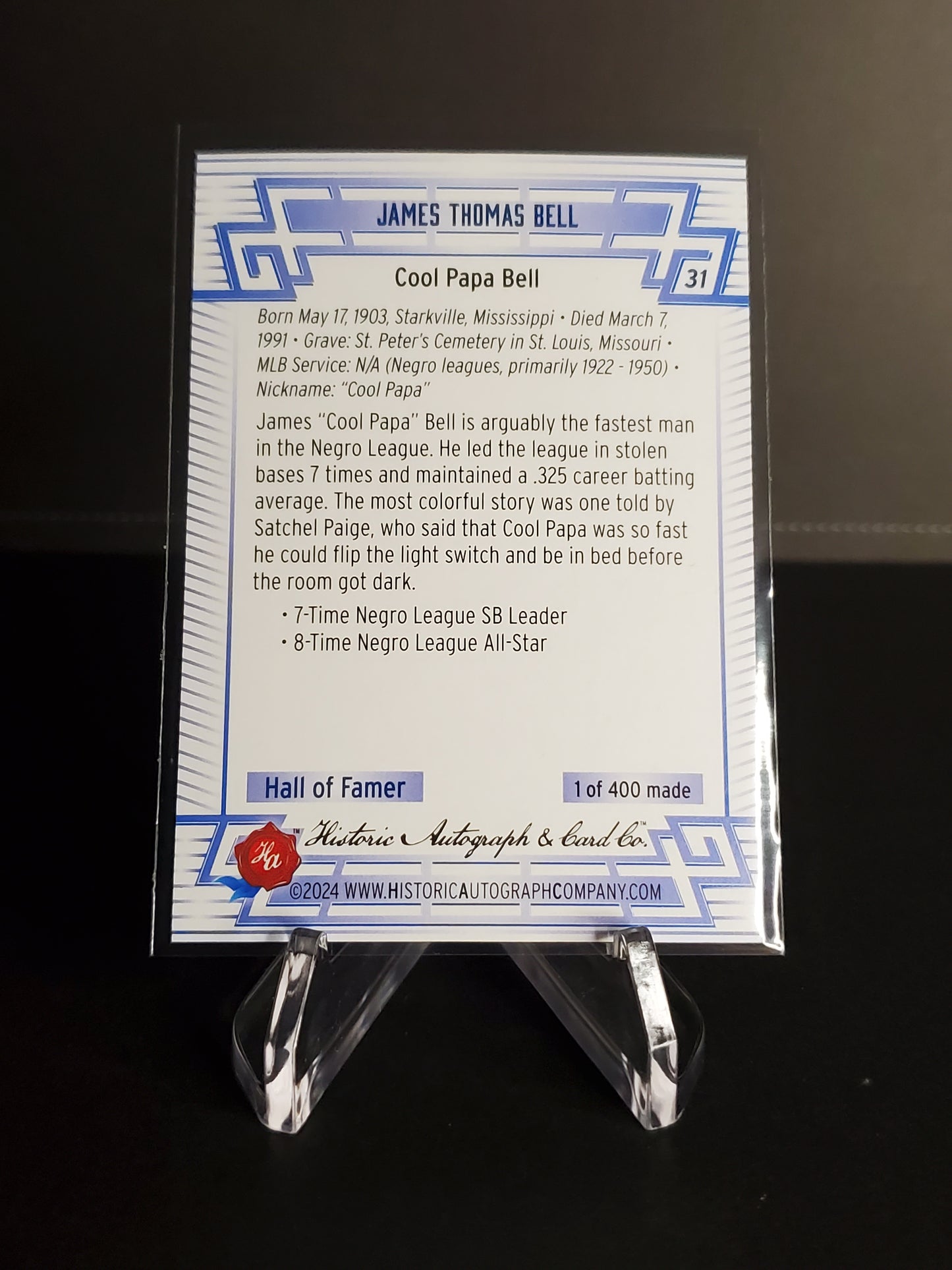 Cool Papa Bell 2024 Historic Autographs All Time Greats Tier 3 /400 #31