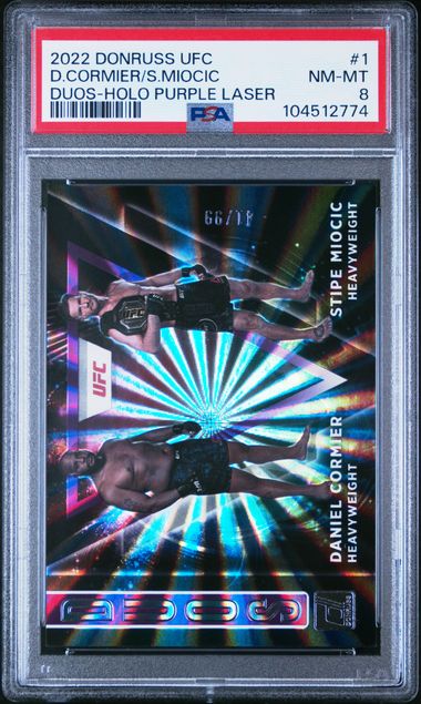 Cormier / Miocic 2022 Panini Donruss UFC Duos Holo Purple Laser /99 PSA 8
