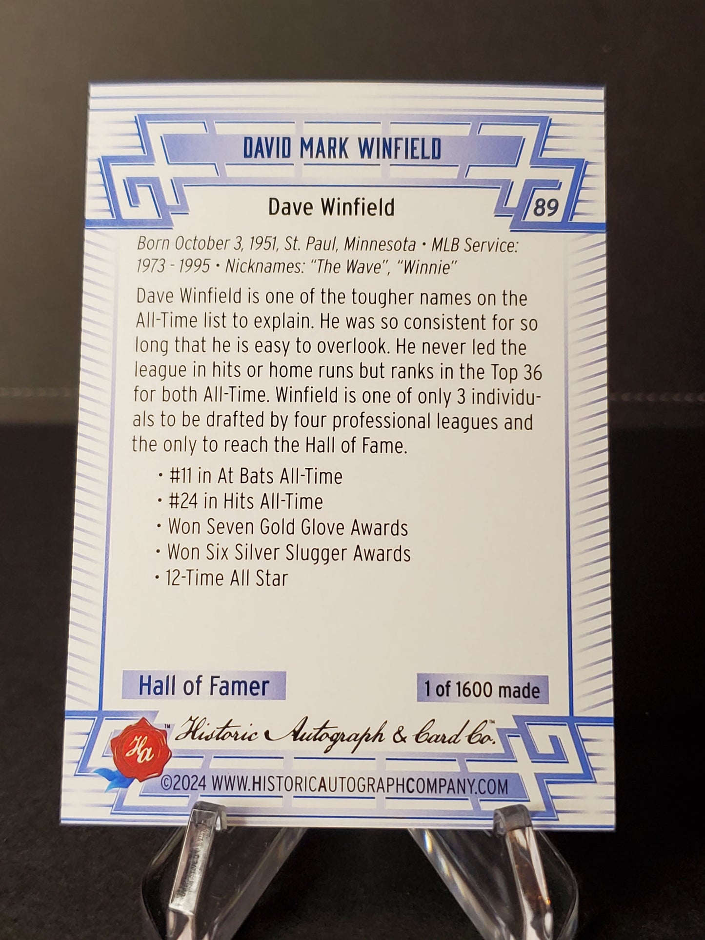 Dave Winfield 2024 Historic Autographs All Time Greats Tier 1 /1600 #89