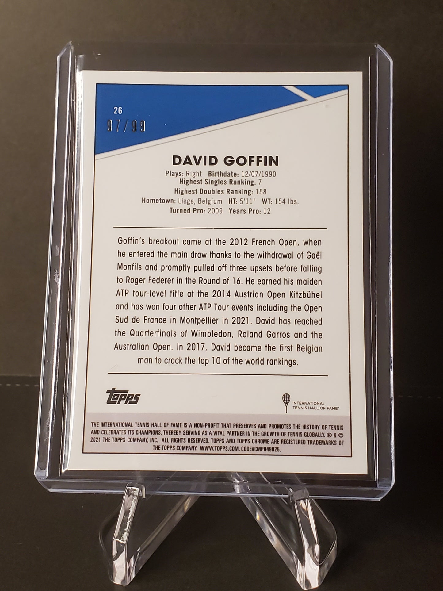 David Goffin 2021 Topps Chrome Tennis Blue Refractor #26 : /99