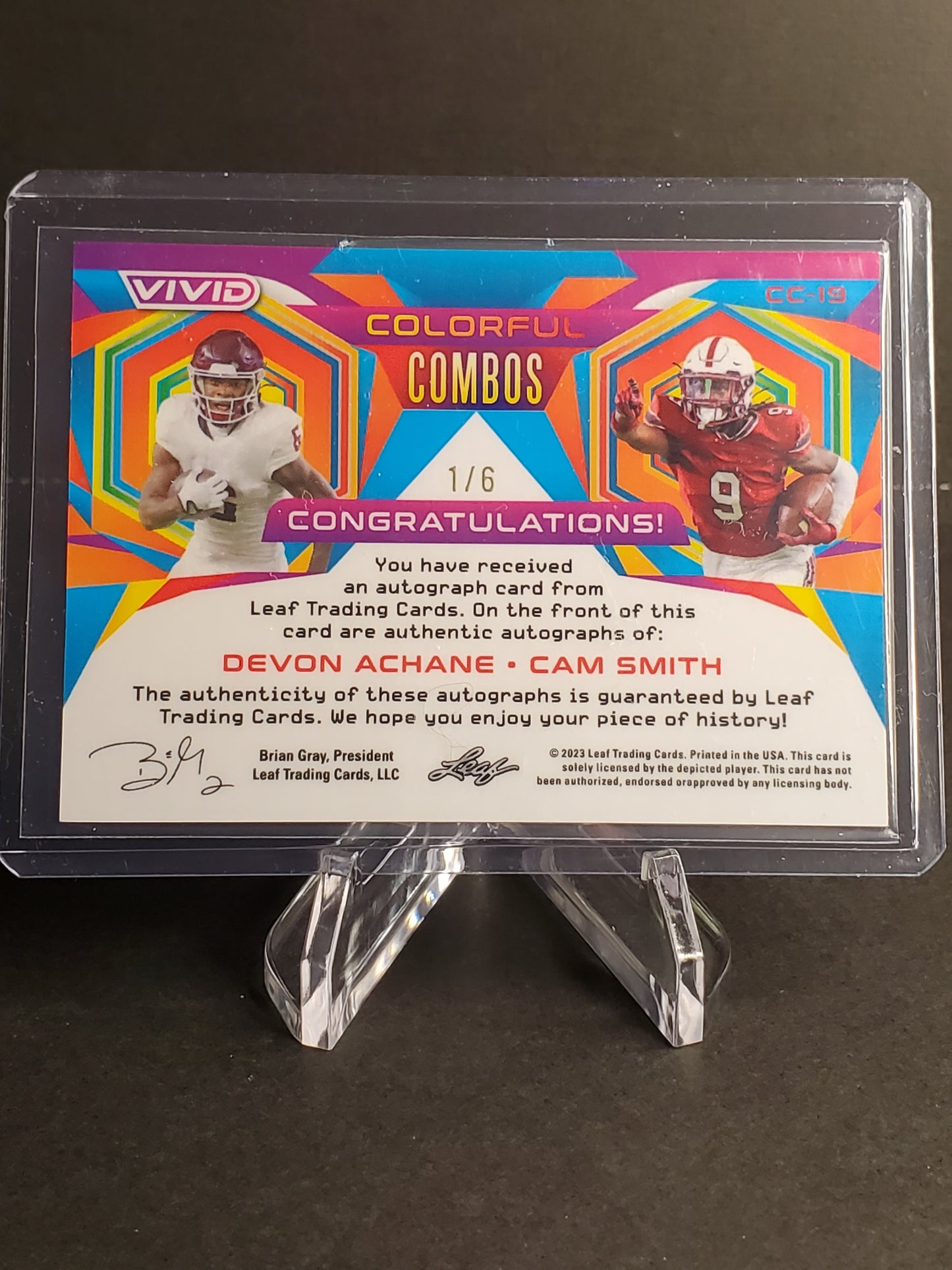 Devon Achane / Cam Smith 2023 Leaf Vivid Football Dual AUTO Colorful Combos /6 - #CC-19