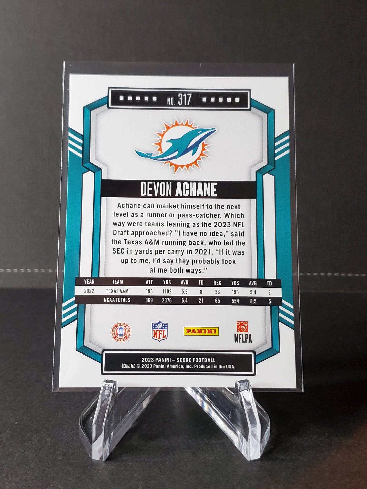 DeVon Achane 2023 Panini Score Football RC #317