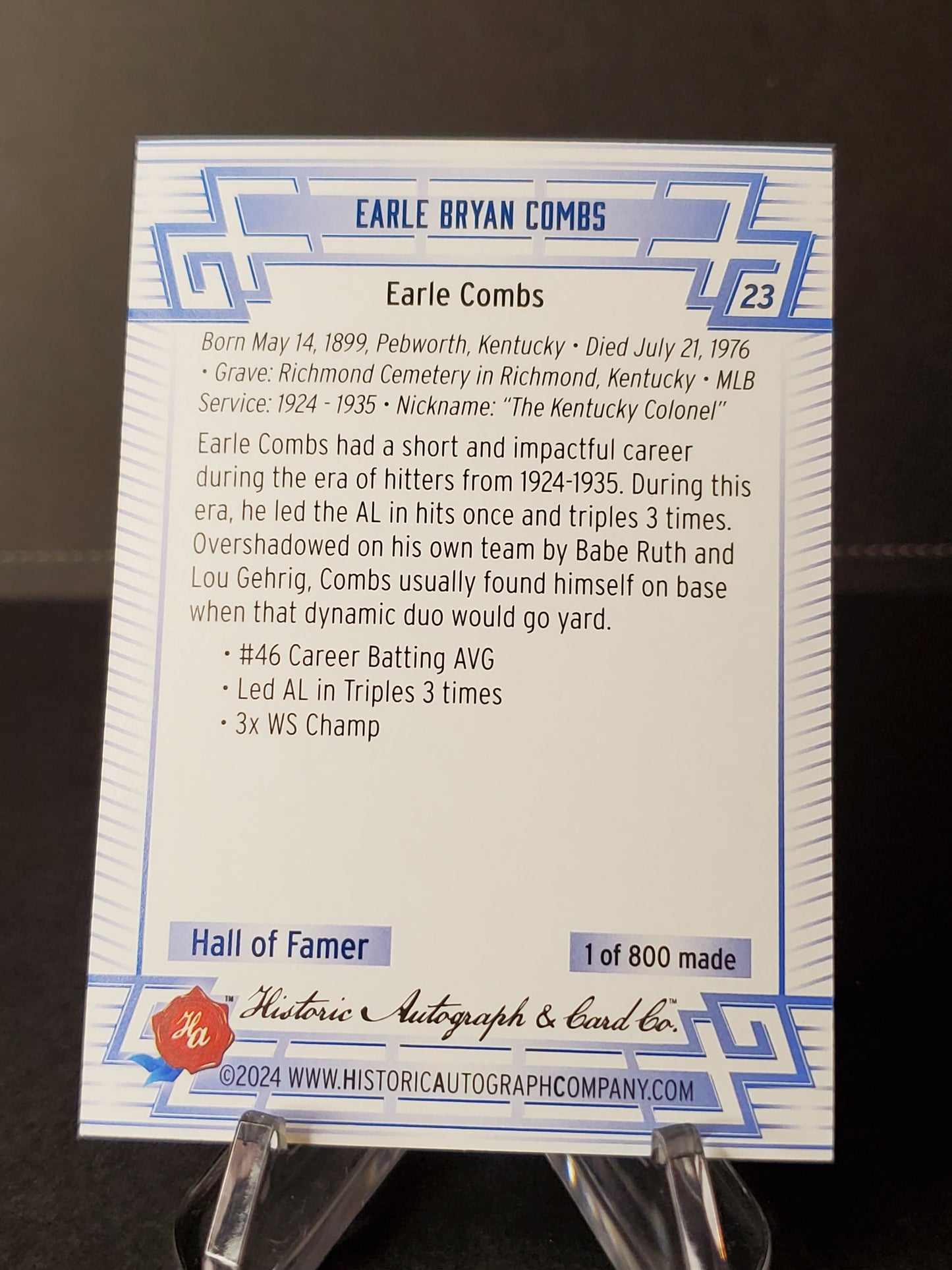 Earle Combs 2024 Historic Autographs All Time Greats Tier 2 /800 #23