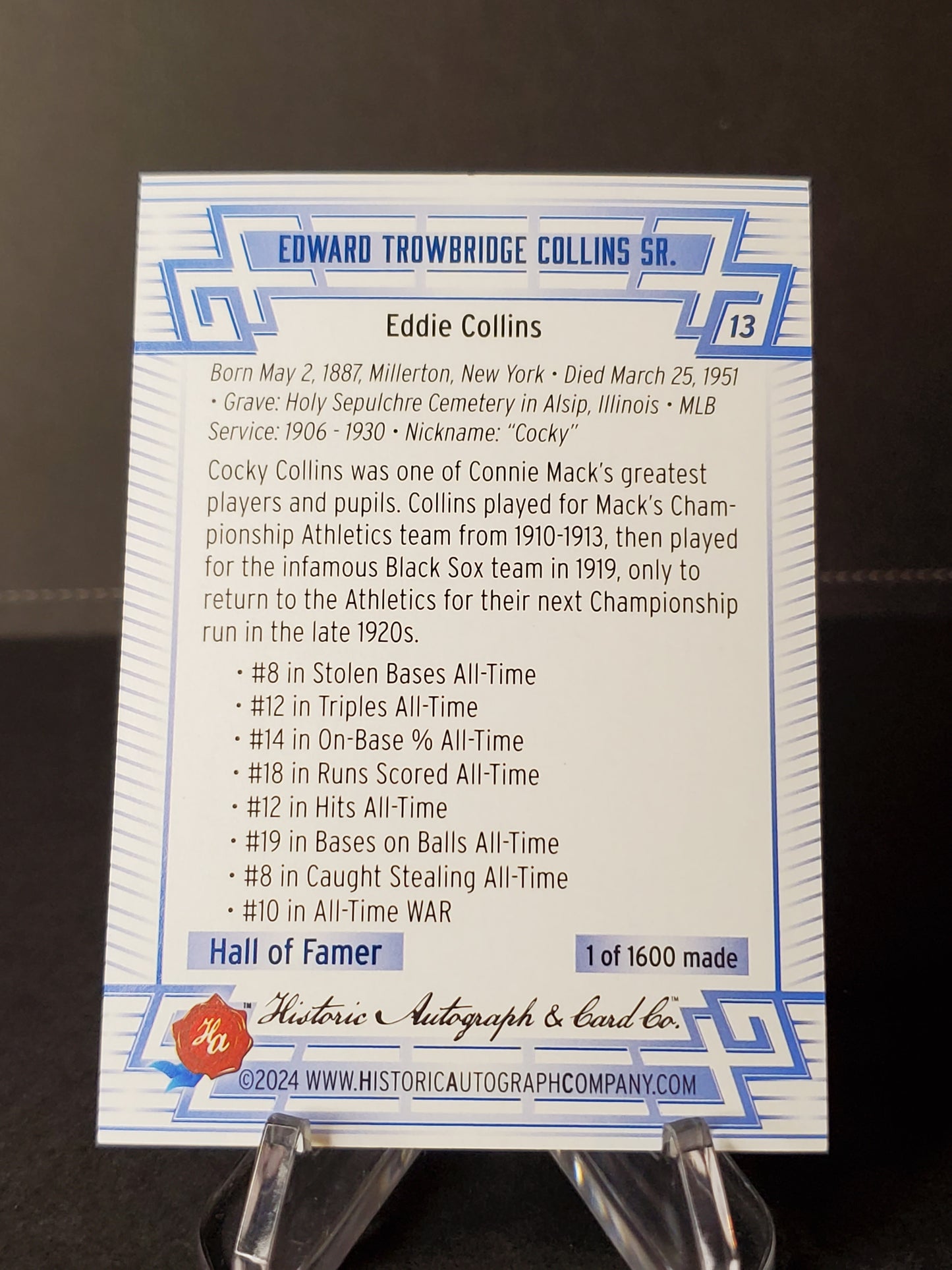 Eddie Collins 2024 Historic Autographs All Time Greats Tier 1 /1600 #13