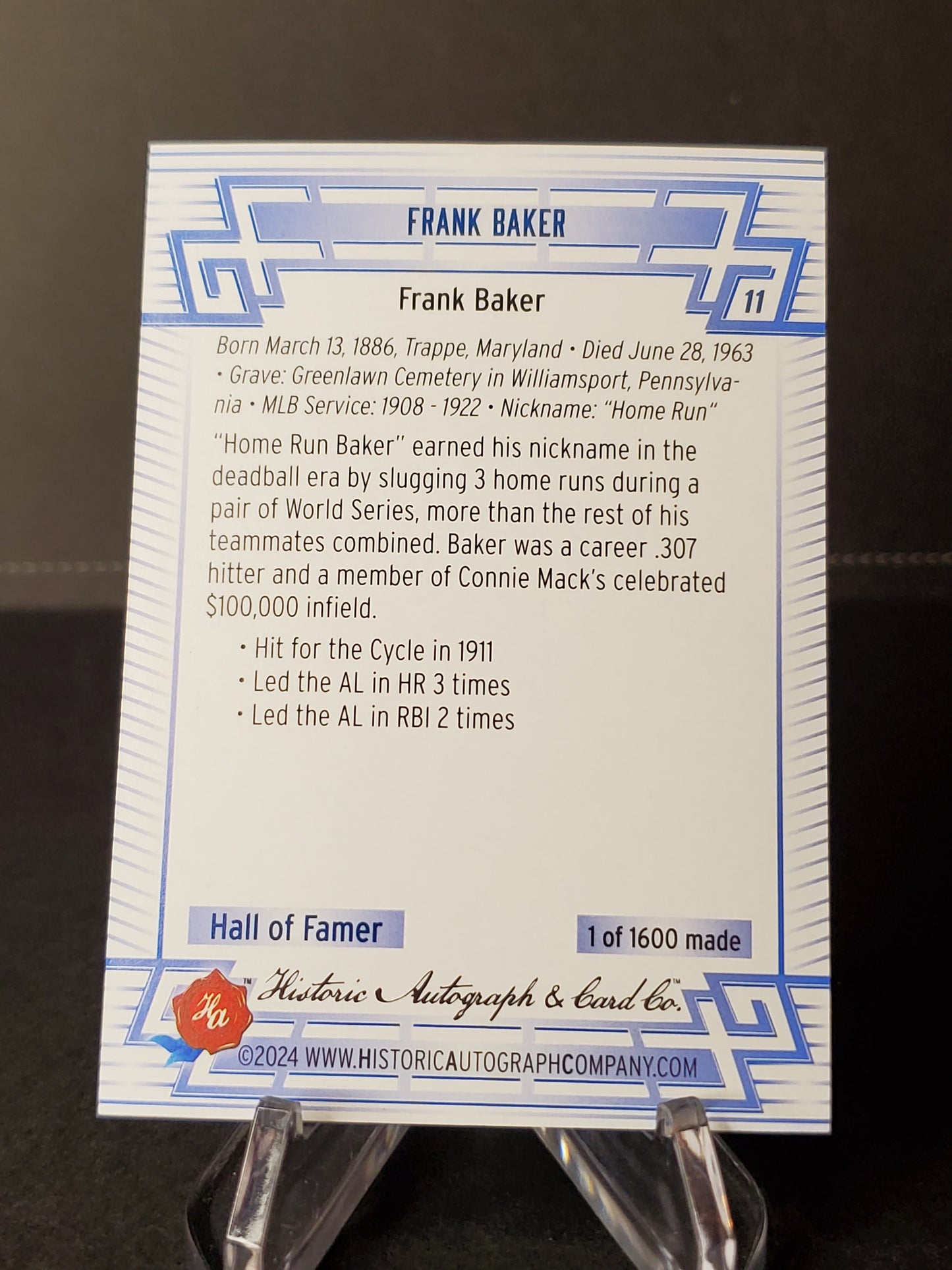 Frank Baker 2024 Historic Autographs All Time Greats Tier 1 /1600 #11