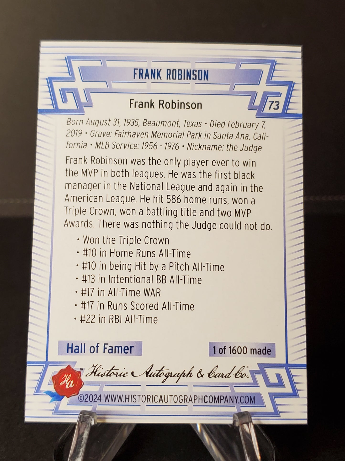 Frank Robinson 2024 Historic Autographs All Time Greats Tier 1 /1600 #73
