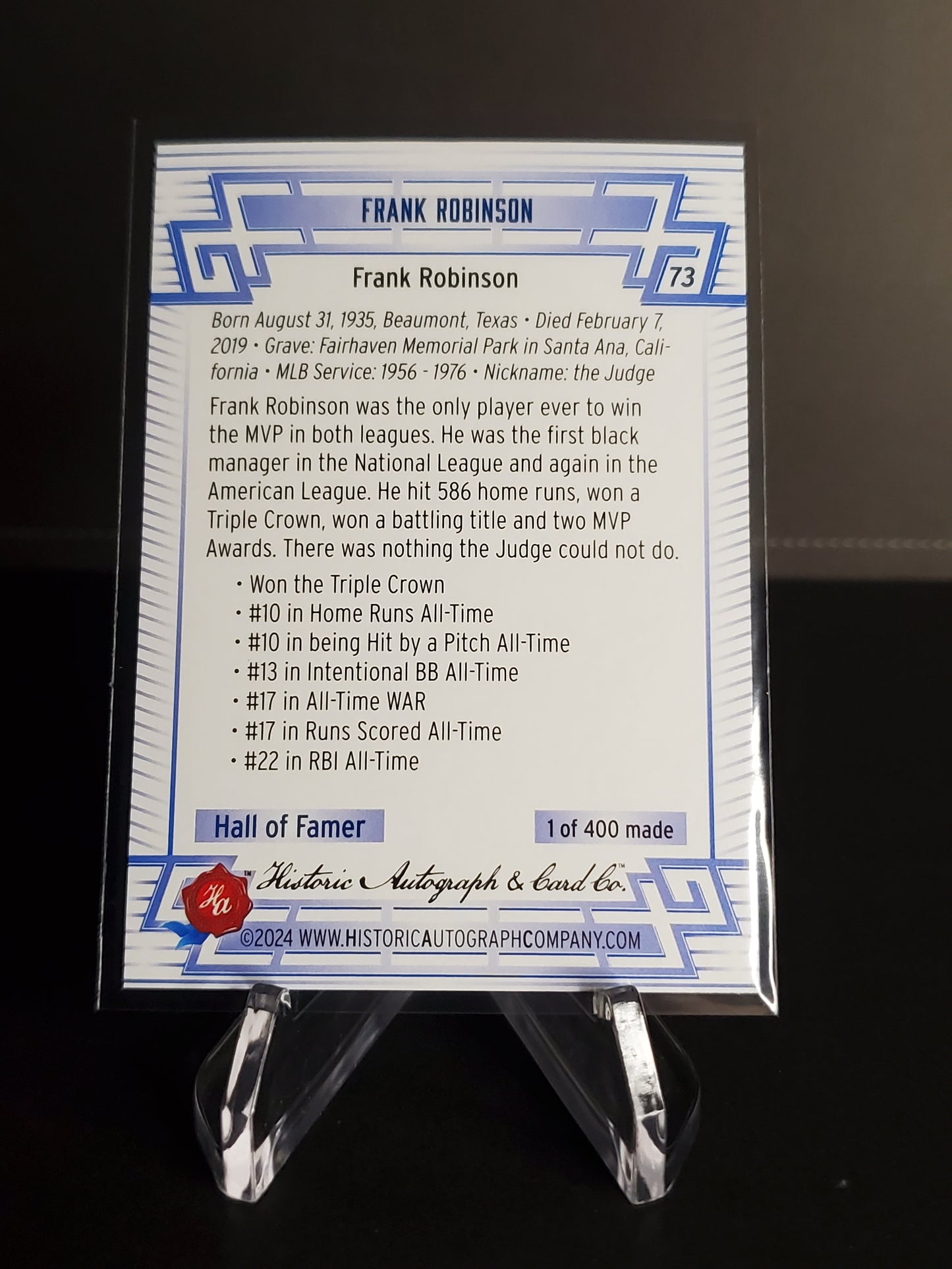 Frank Robinson 2024 Historic Autographs All Time Greats Tier 3 /400 #73