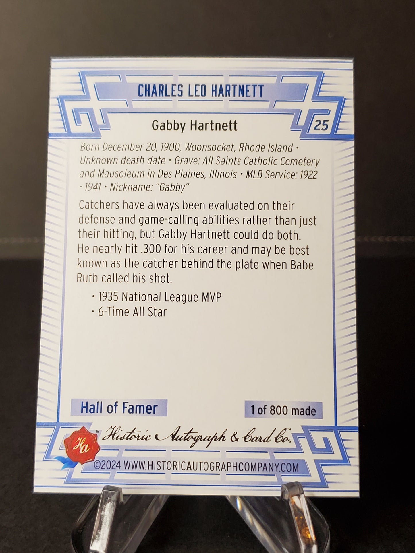 Gabby Hartnett 2024 Historic Autographs All Time Greats Tier 2 /800 #25