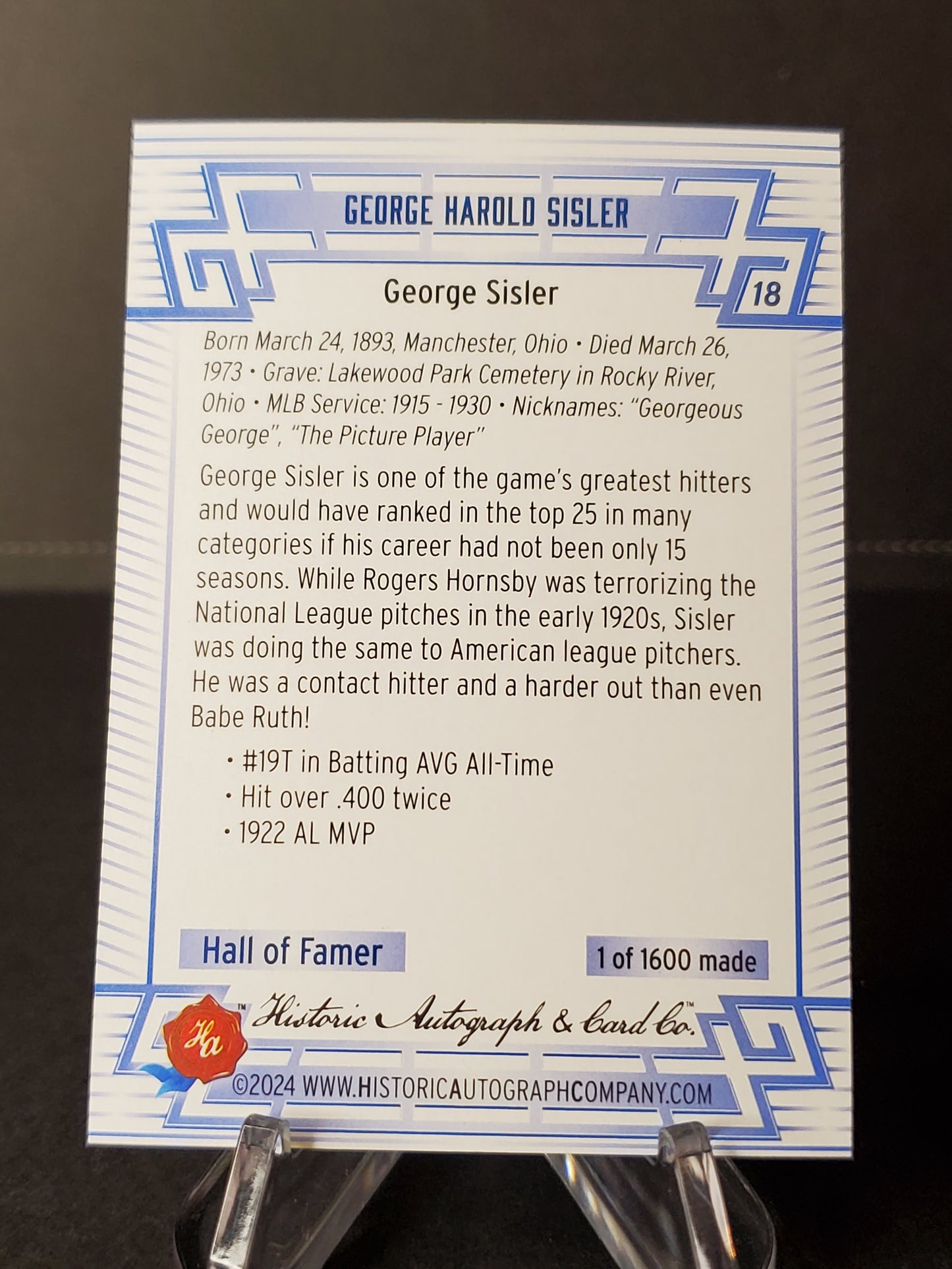 George Sisler 2024 Historic Autographs All Time Greats Tier 1 /1600 #18