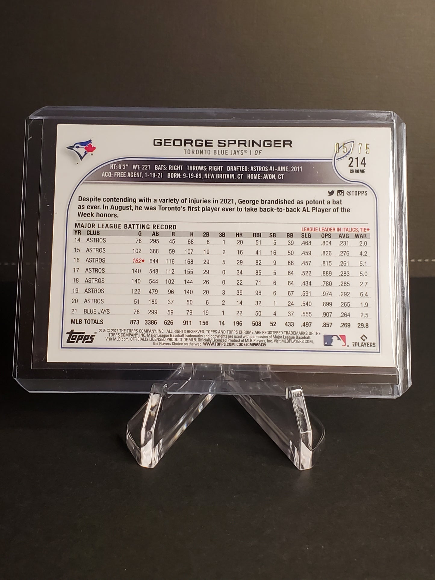 George Springer 2022 Topps Chrome Blue/Yellow Sonic Pulse /75 #214