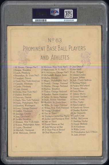 1911 TURKEY RED CABINETS T9 #63 HARRY LEWIS CABINETS - CHECKLIST BACK PSA 3 (MK)