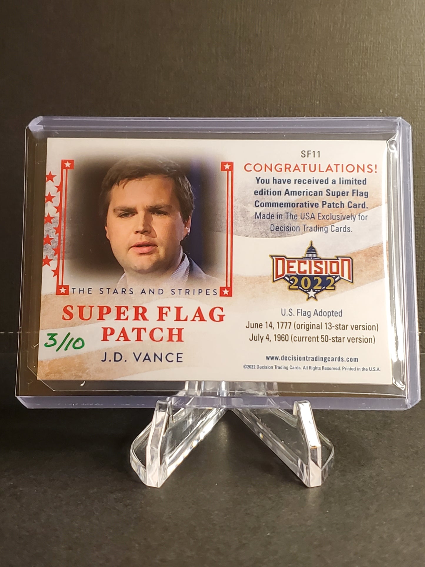 J.D. Vance 2023 Leaf Decision Update Green Super Flag Patch Hand Numbered /10 #SF11