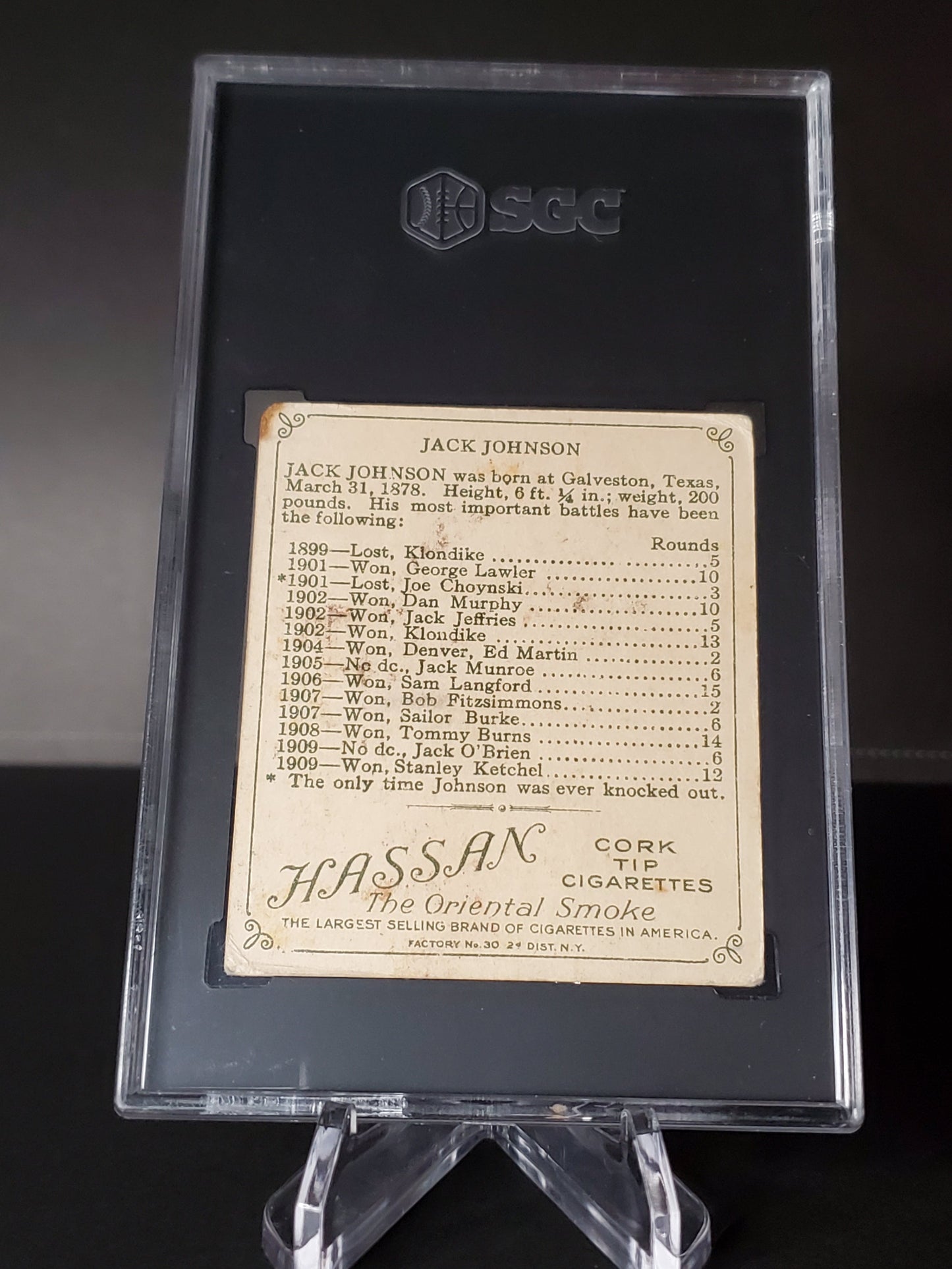 1910 Jack Johnson T218 Hassan Mecca Champions Side View SGC 3 EYE APPEAL