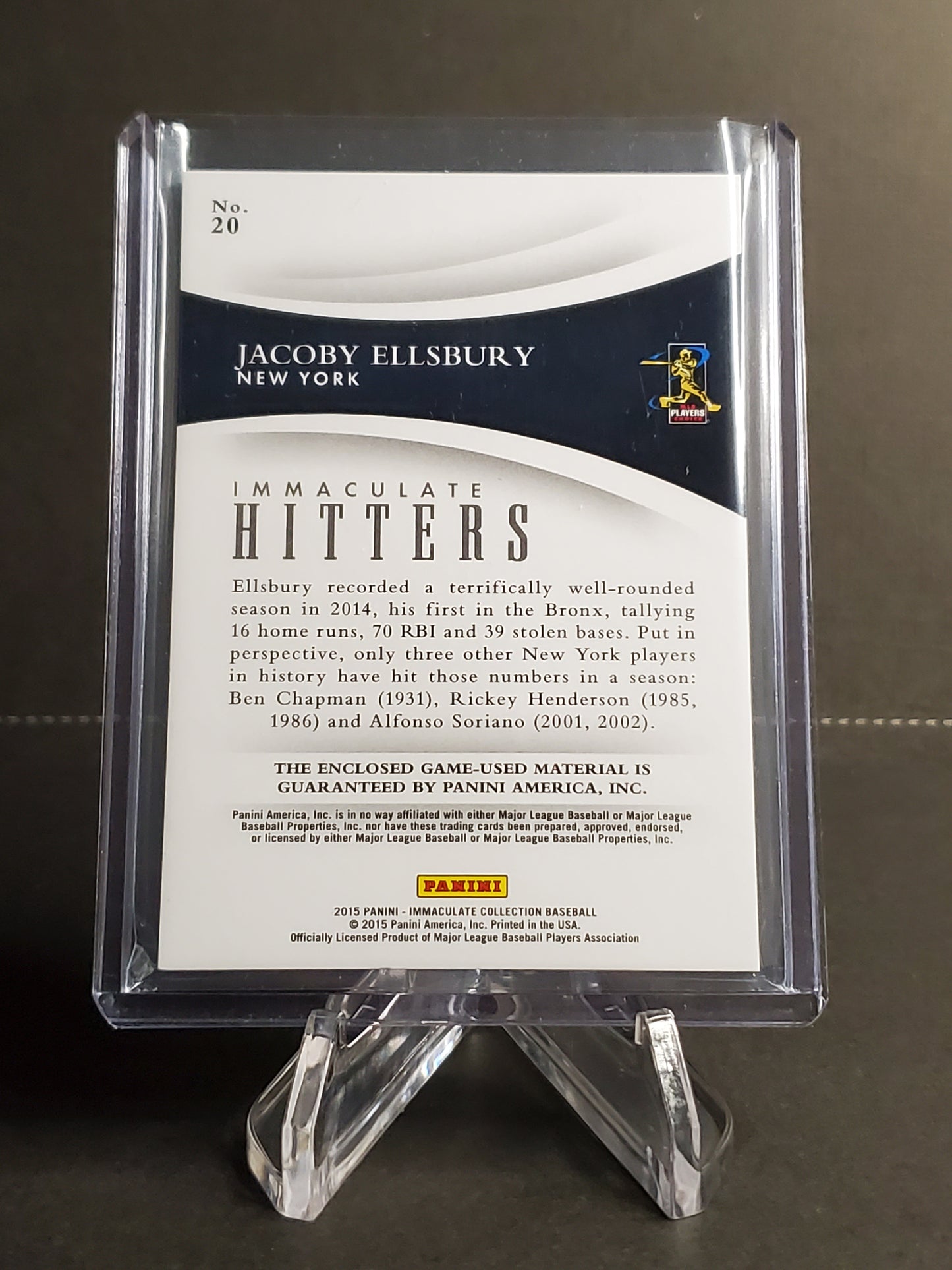 Jacoby Ellsbury 2015 Panini Immaculate Hitters Jersey Patch #20 /49