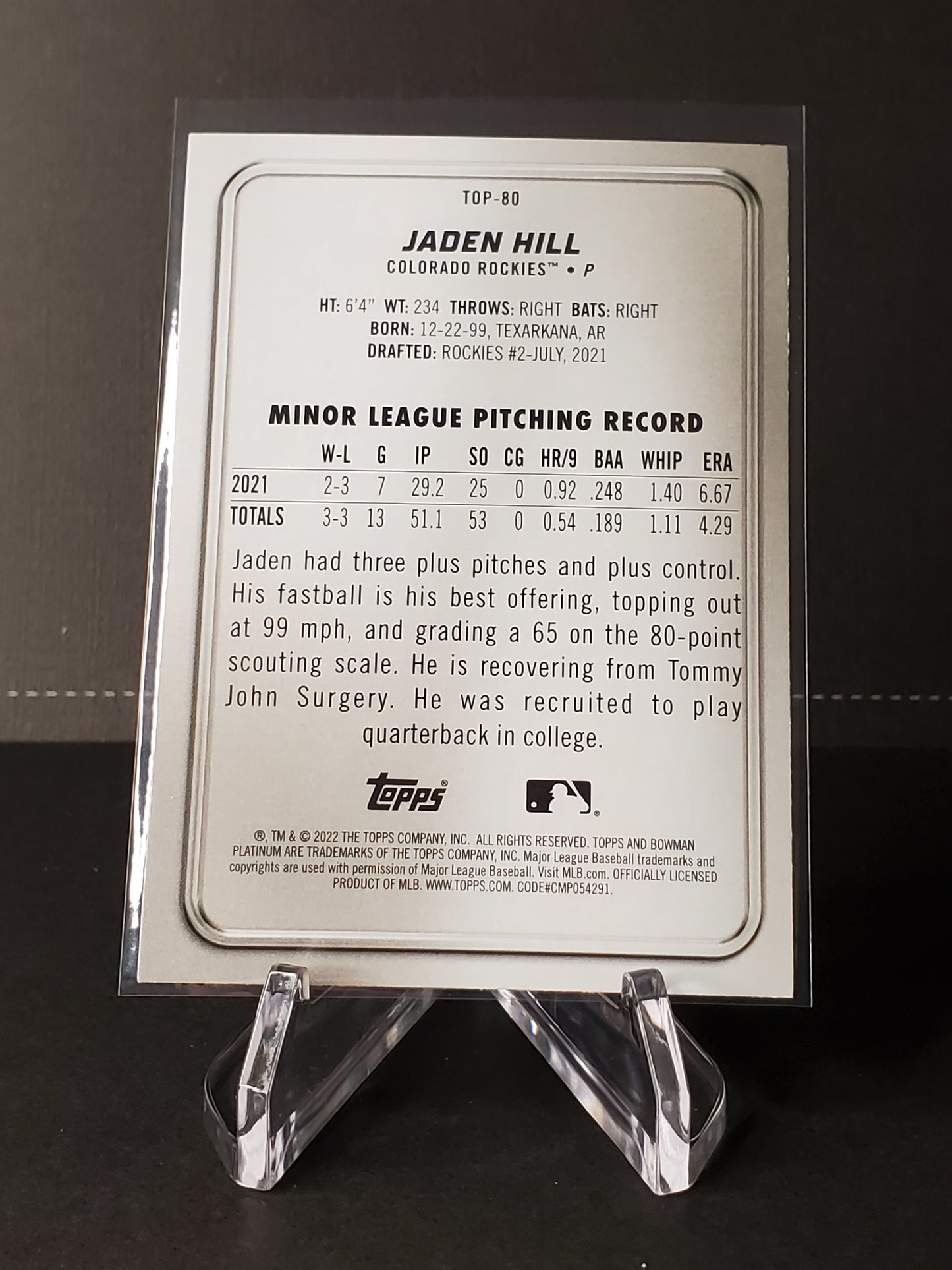 Jaden Hill 2022 Bowman Platinum Ice Foil Top Prospects #TOP-80