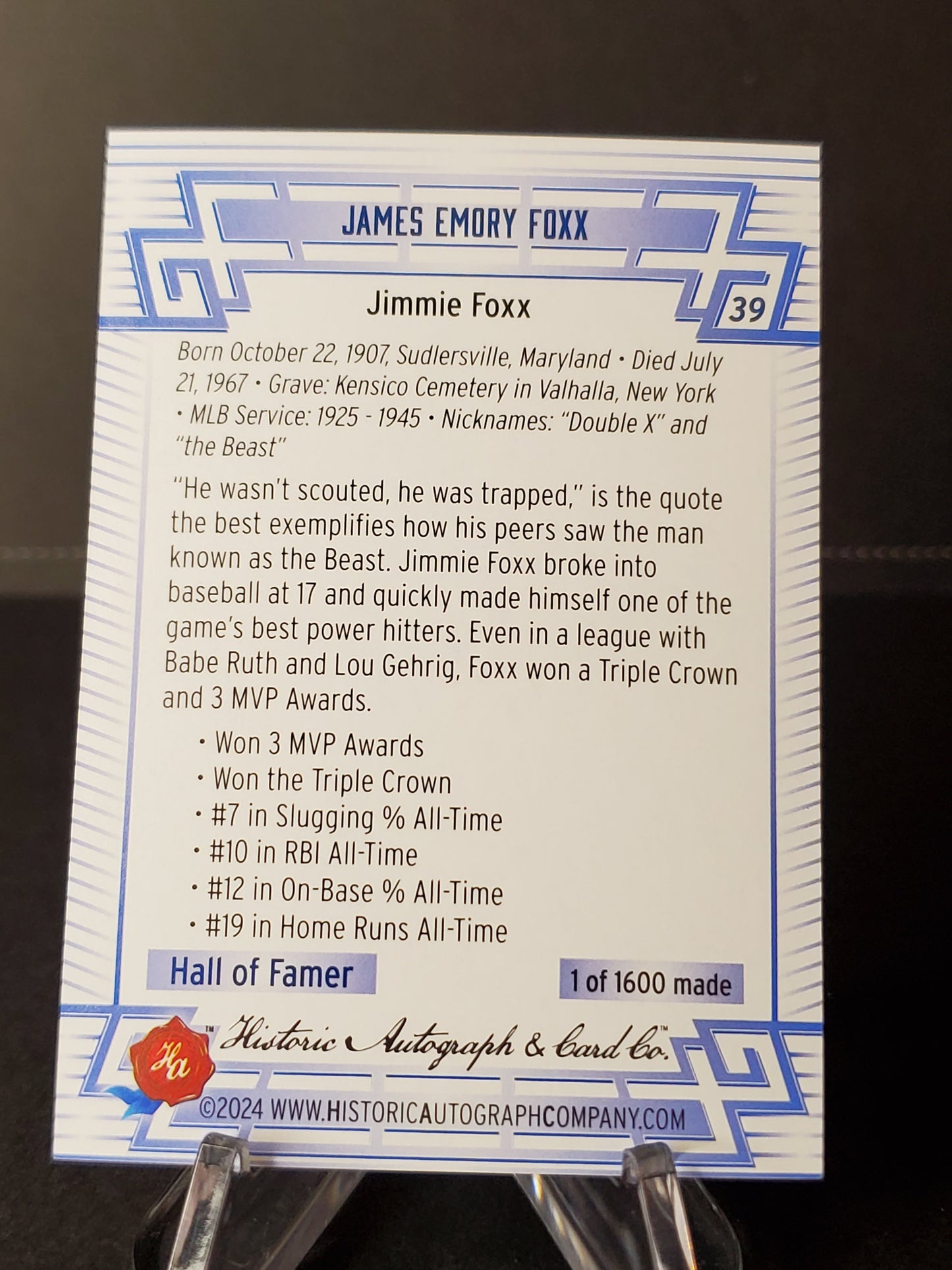 Jimmie Foxx 2024 Historic Autographs All Time Greats Tier 1 /1600 #39