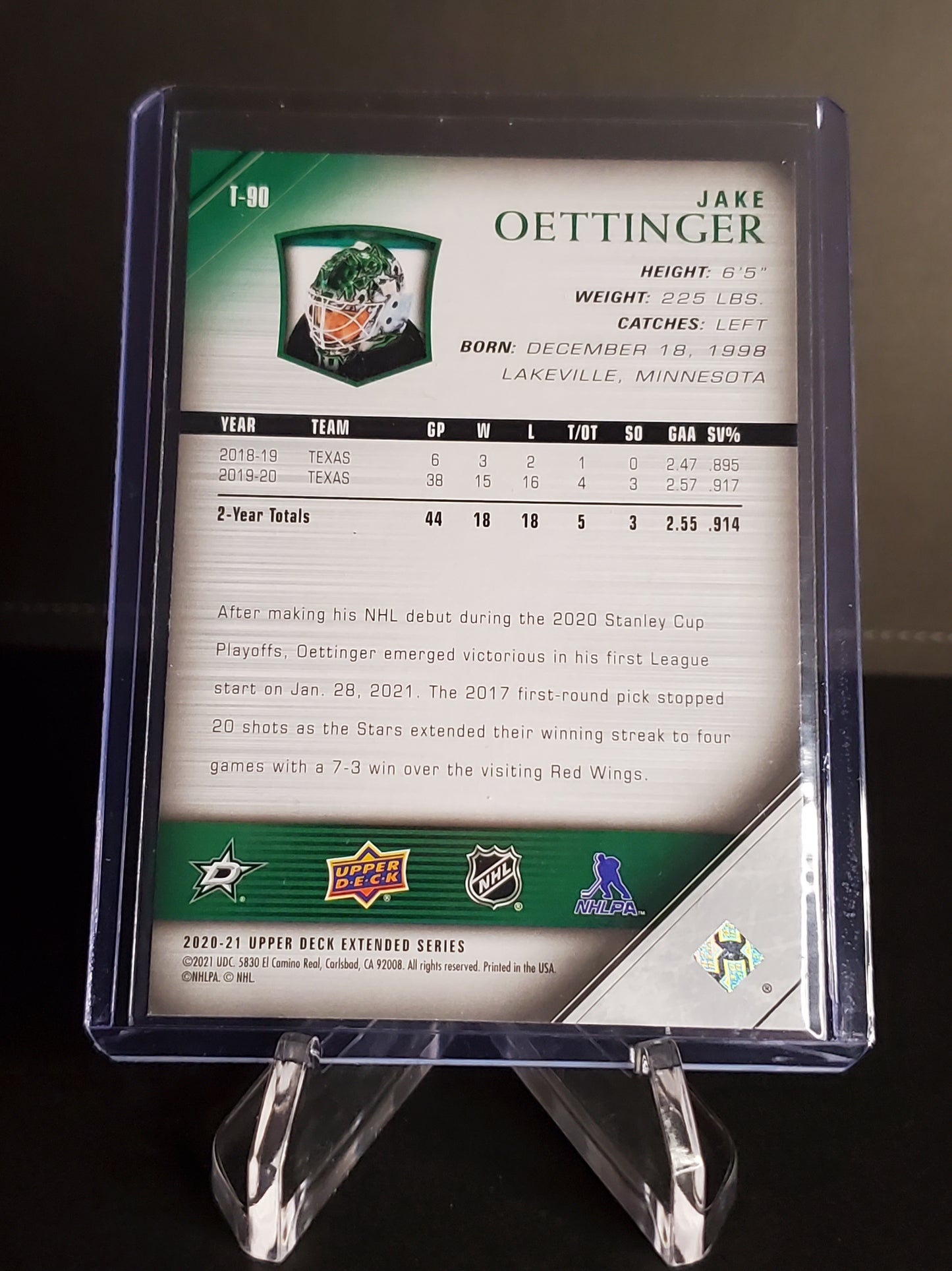 Jake Oettinger 2020-21 Upper Deck Extended Series Tribute Young Guns #T-90