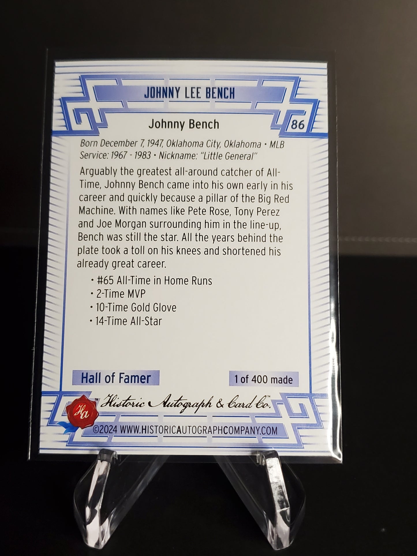 Johnny Bench 2024 Historic Autographs All Time Greats Tier 3 /400 #86