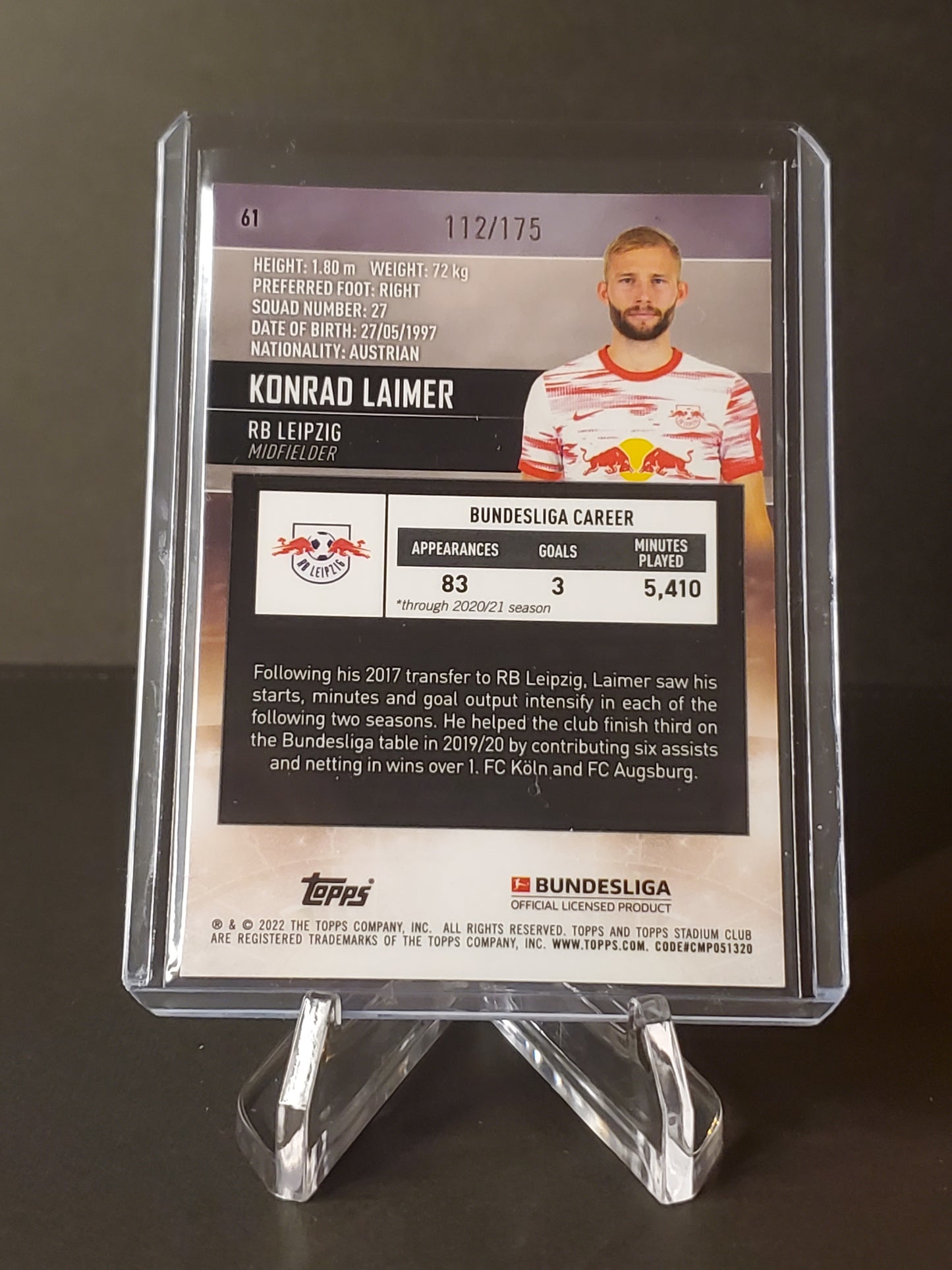Konrad Laimer 2021-2022 Topps Stadium Club Chrome Aqua Green Electric Charge Refractor #61: /175