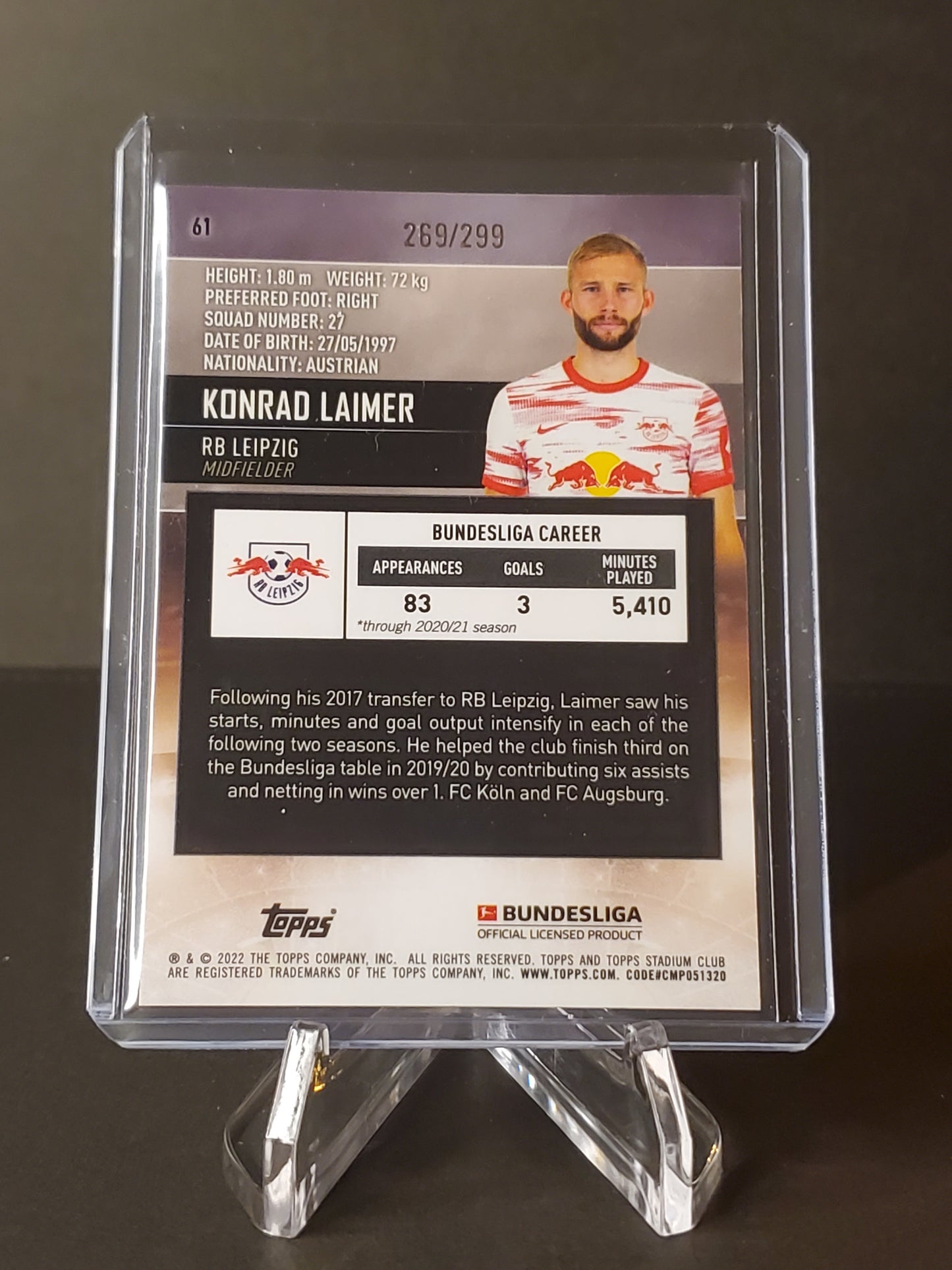 Konrad Laimer 2021-2022 Topps Stadium Club Chrome Purple Refractor #61: /299