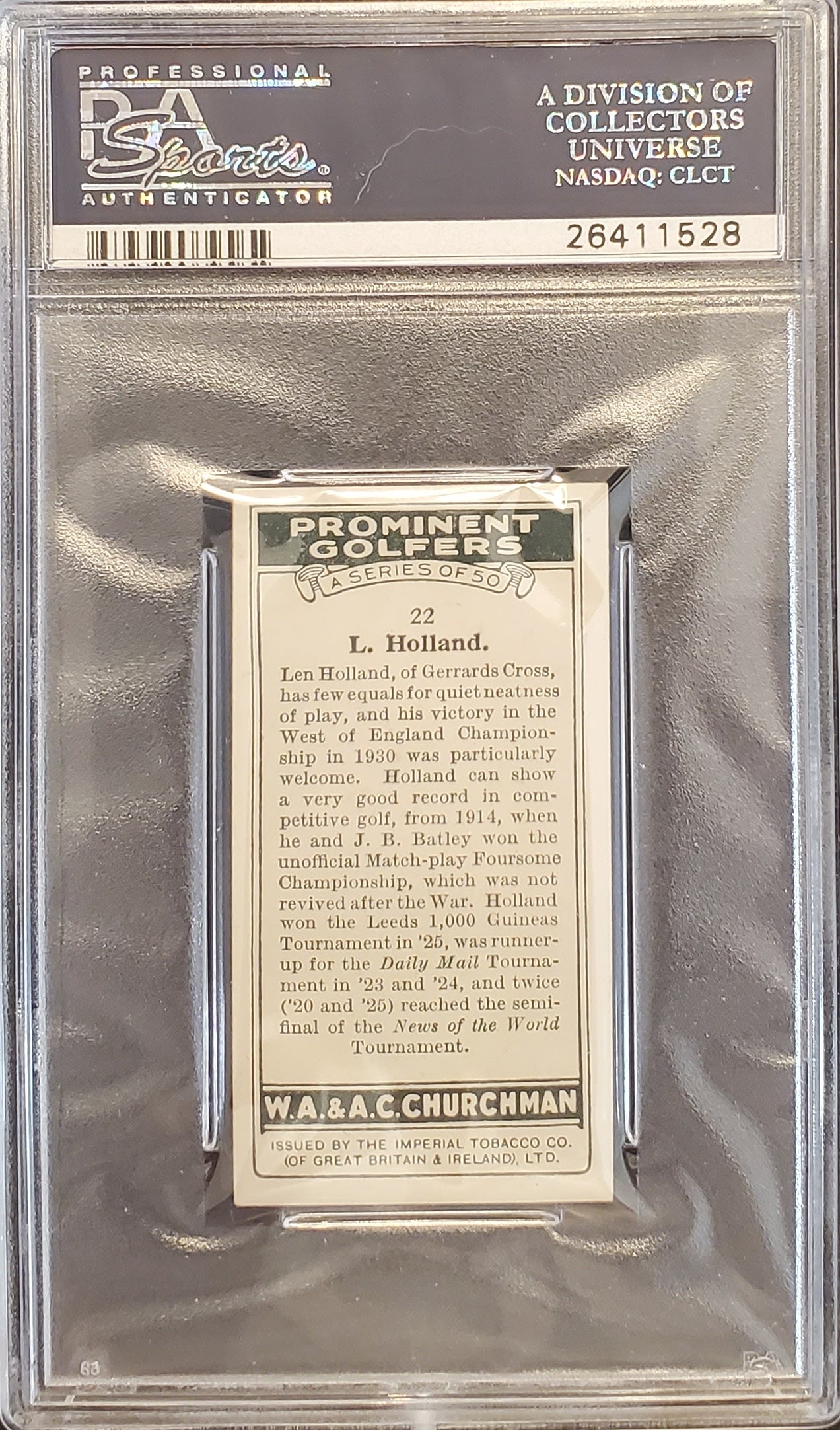Len Holland 1931 Churchman Prominent Golfers Small #22 PSA 6