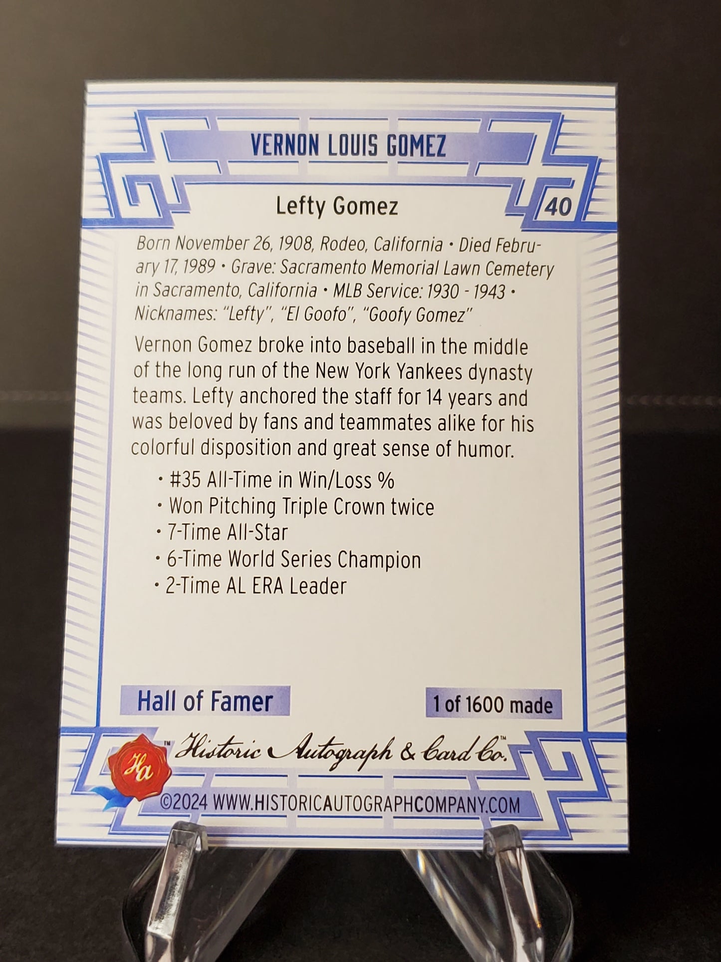 Lefty Gomez 2024 Historic Autographs All Time Greats Tier 1 /1600 #40