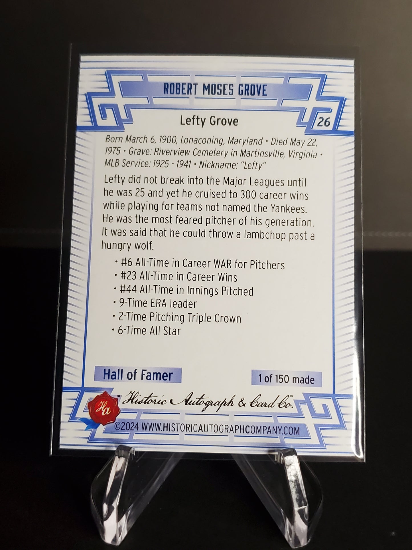 Lefty Grove 2024 Historic Autographs All Time Greats Tier 5 /150 #26