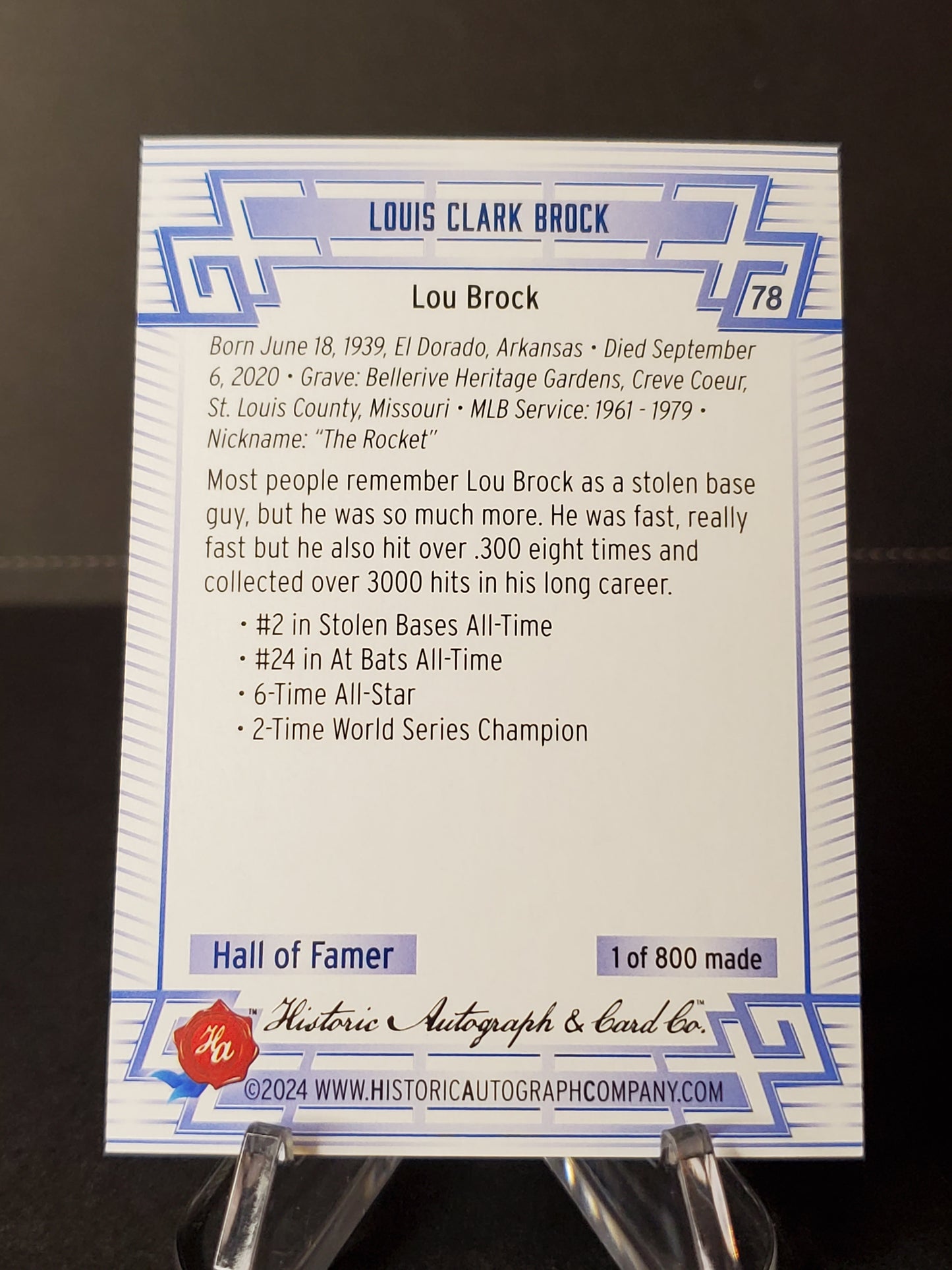 Lou Brock 2024 Historic Autographs All Time Greats Tier 2 /800 #78