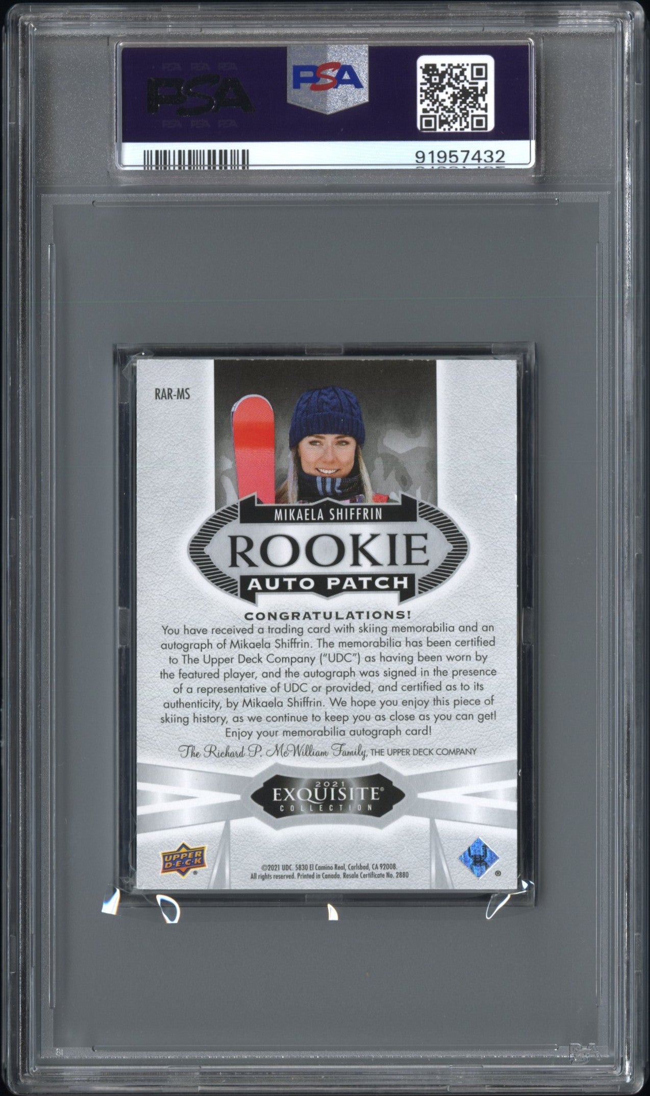 Mikaela Shiffrin Exquisite RPA /99 PSA 7 AUTO 10 INSCRIBED PATCH “MIK” #RAR-MS