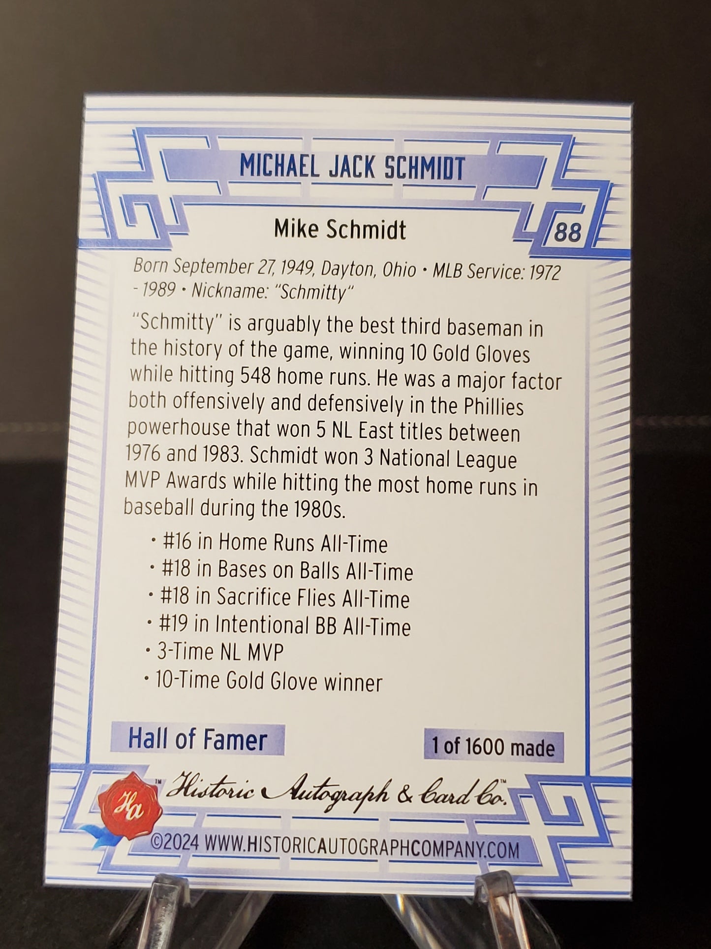Mike Scmidt 2024 Historic Autographs All Time Greats Tier 1 /1600 #88